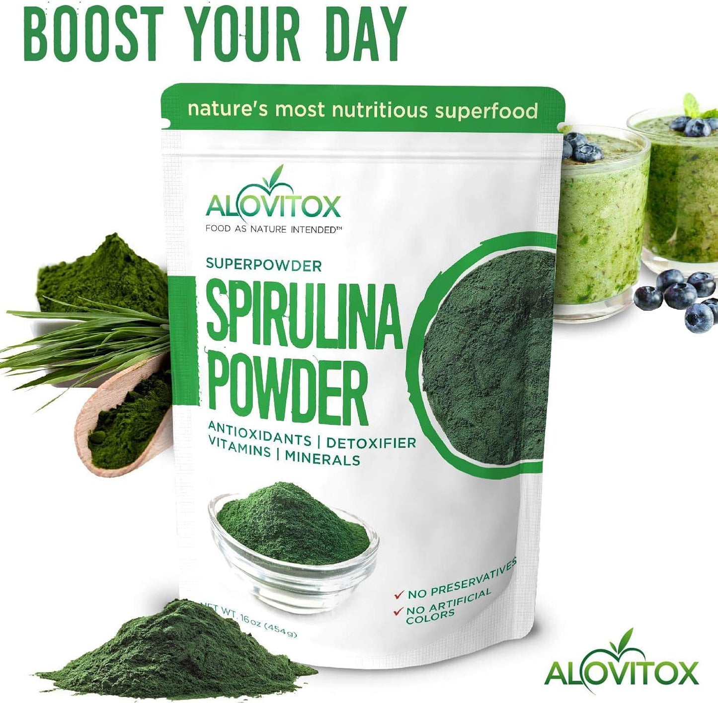 Organic Spirulina Powder - Nutrient Dense Superfood with Antioxidants, Proteins, Vitamins, Fiber, Omegas 3, 6 & 9 - 100% Organic, Gluten Free, Vegan, Non-GMO - 1 lb - Alovitox - Espot.com.au