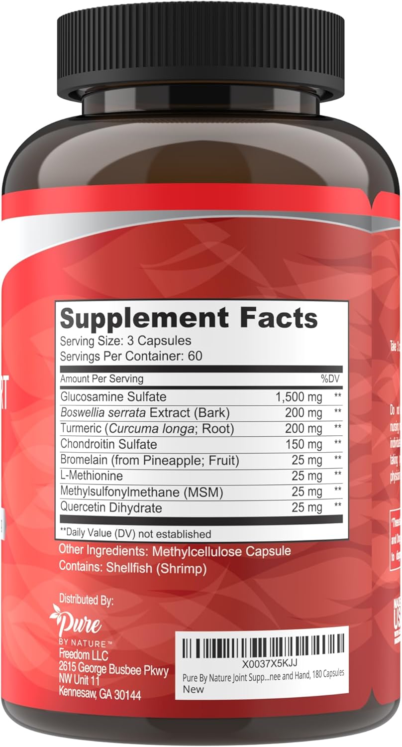 180 Capsules Pure By Nature Joint Support Supplement with Glucosamine, Chondroitin, Turmeric, MSM, and Boswellia for Joint Health - Espot.com.au