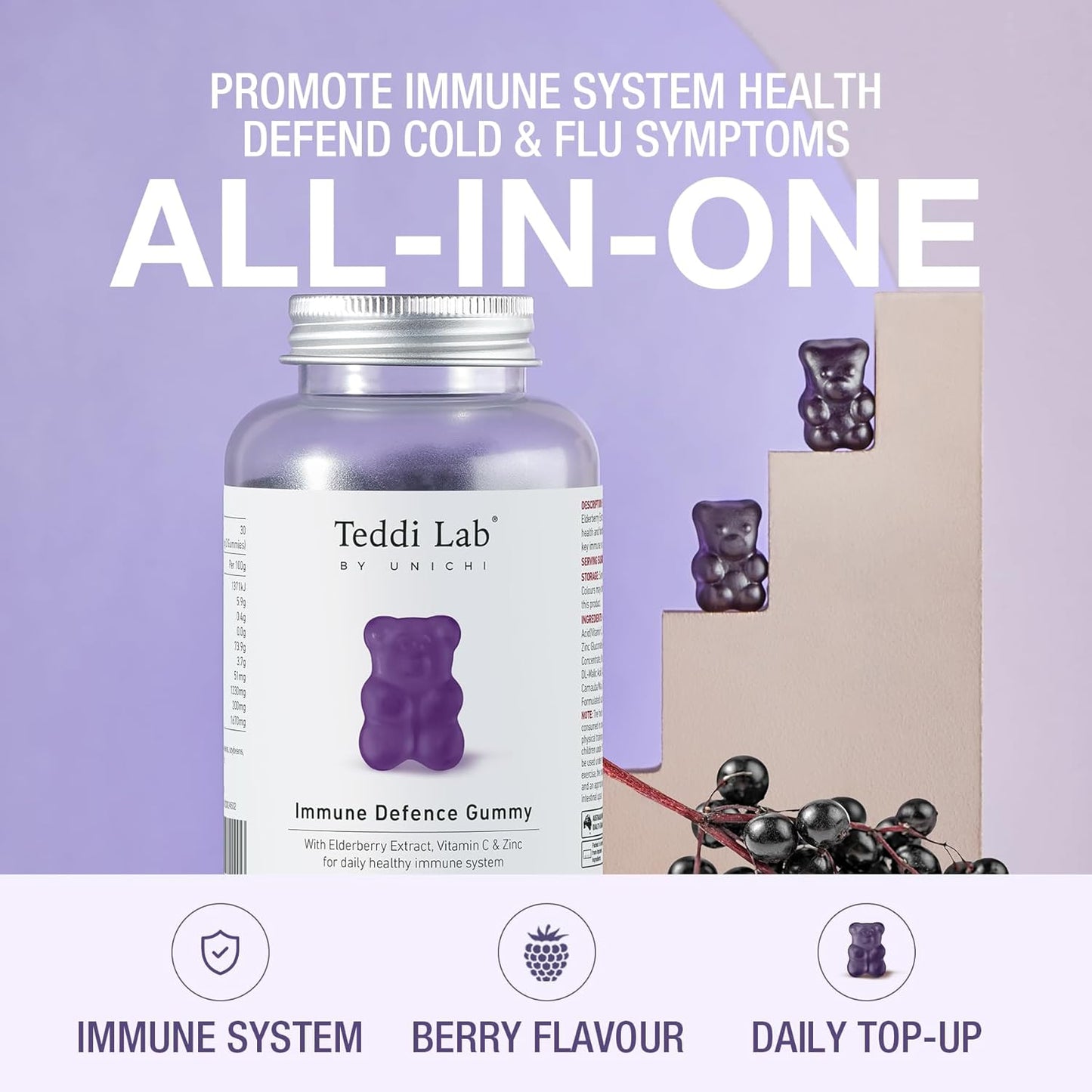 unichi-immune-defence-gummy---elderberry-vitamin-c-zinc---promotes-immune-health-cold-flu-defense---berry-flavor---60-count-3