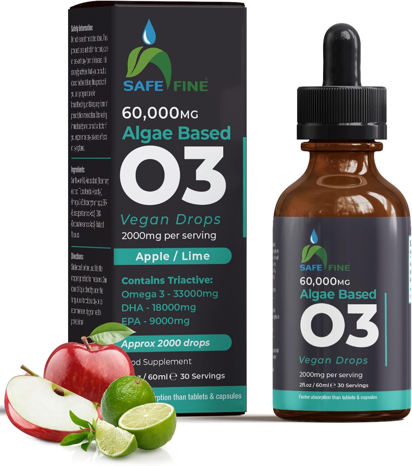 Omega-3 Algae Oil Liquid Drops - 2000mg DHA & EPA - 60ml Bottle - Heart, Brain, Eye, Joint Health - Vegan Supplement - Espot.com.au