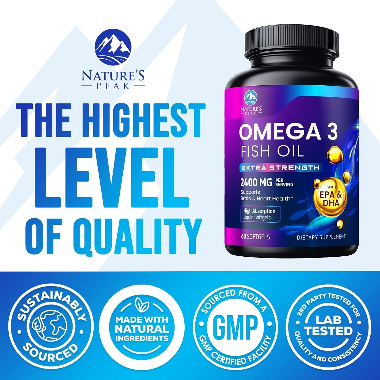 Premium Nature's Peak Omega-3 Fish Oil Softgels - 2400mg Triple Strength Supplements for Brain & Heart Support - Sustainably Sourced EPA & DHA Omega-3 Formula - 60 Count - Espot.com.au