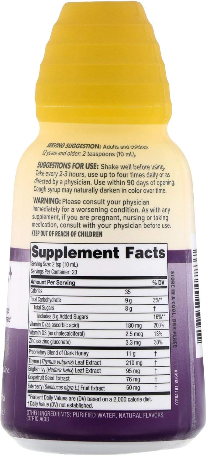 Zarbee's Adult Daytime Immune Support Cough Syrup with Honey, Elderberry, Vitamin C & Zinc - Drug & Alcohol-Free, Gluten-Free Liquid for Ages 12+ - Natural Berry Flavor - 8 Fl. Oz - Espot.com.au