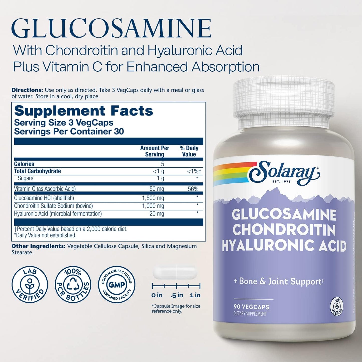 High Strength Glucosamine Chondroitin Hyaluronic Acid Supplement 90 Capsules by SOLARAY - 1500mg/1000mg/20mg Formula for Joint Health - Espot.com.au