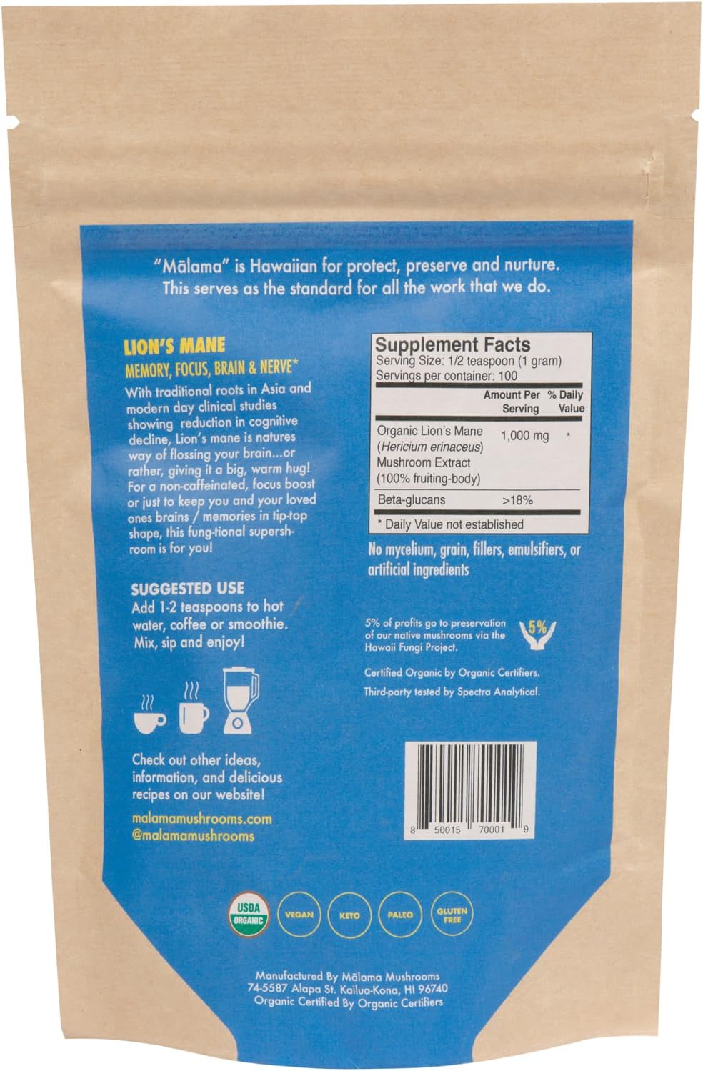 Organic Lion's Mane Mushroom Extract Powder by Malama - Superfood for Memory, Focus, Brain, and Nerves - Fruiting Body Lions Mane Powder - Supports Cognitive Health - Espot.com.au