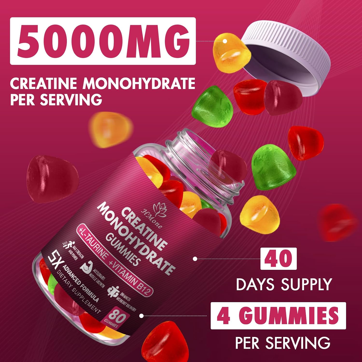 HMone Creatine Monohydrate Gummies - 5g, 160 Count - Chewable Supplements for Muscle Gain, Strength, Energy Boost - Sugar Free, Vegan - Men & Women - Espot.com.au