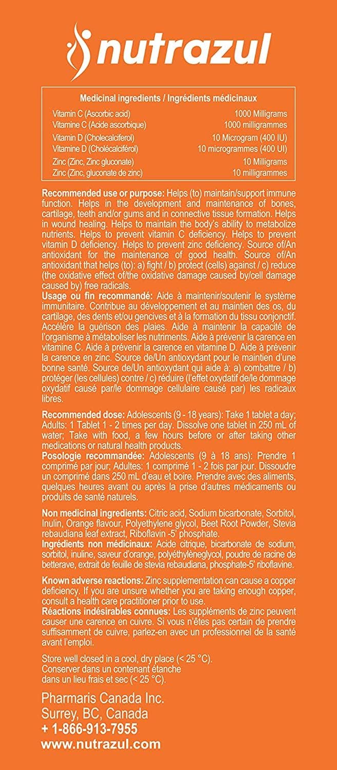 nutrazul Immune Triple Action Effervescent Tablets with 1000mg Vitamin C, Vitamin D, and Zinc - Orange Flavor - Pack of 60 - Gluten, Sugar, Lactose, and Preservative Free - Supports Immune Function - Espot.com.au