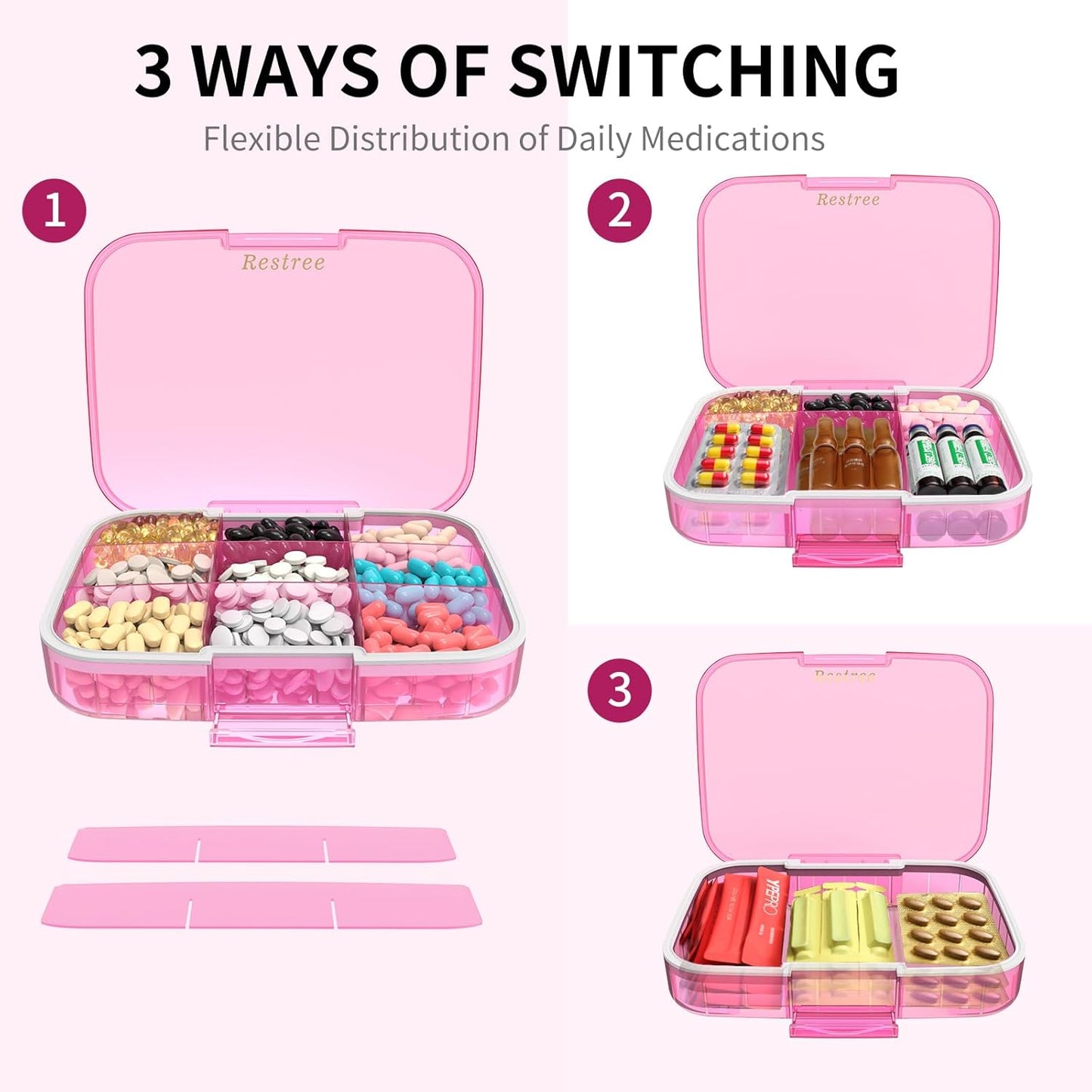 restree-large-pill-organizer---portable-moisture-proof-travel-case-for-vitamins-medicine---9-compartments---pink-3