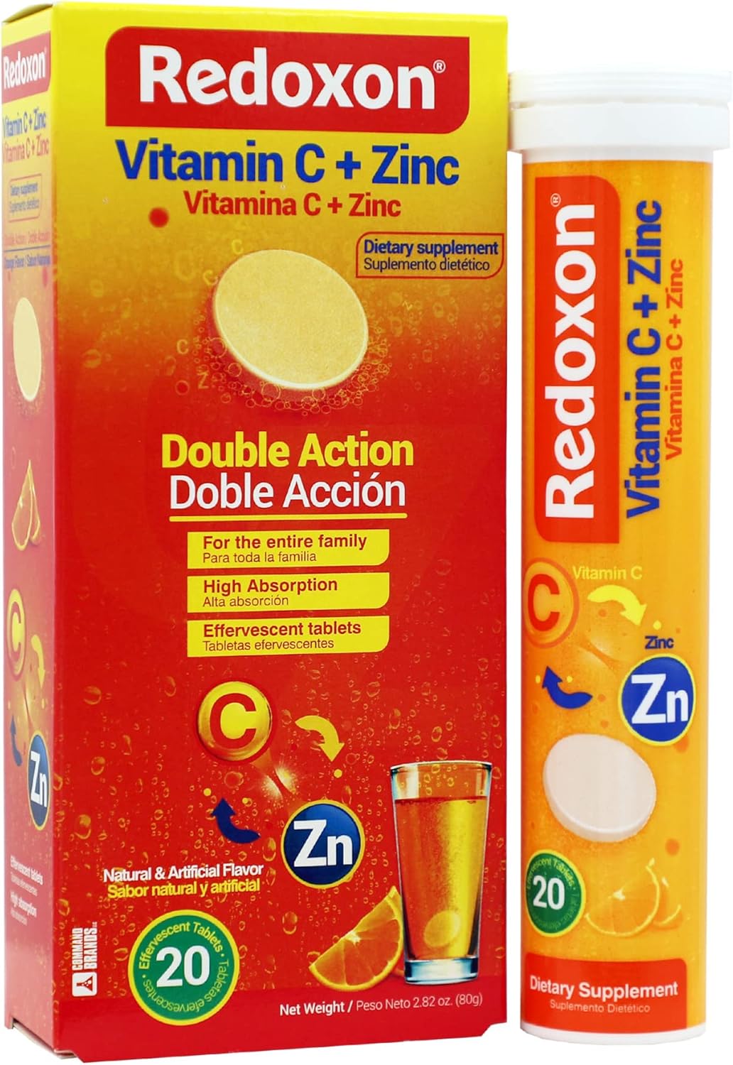 Redoxon Vitamin C + Zinc Effervescent Tablets - Immune System Support - Orange Flavor - 20 Tablets - 2.82 Oz Box - Espot.com.au