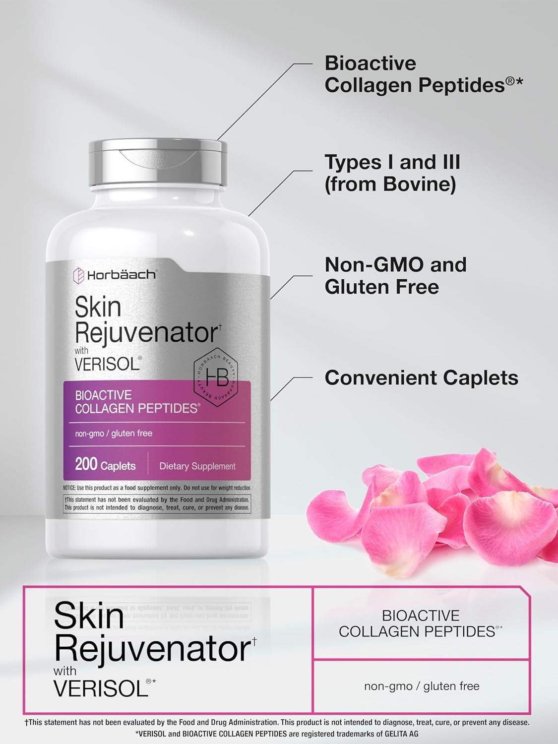 200 Caplets Horbäach Skin Rejuvenator with Verisol - Bioactive Collagen Peptides - Non-GMO, Gluten Free Supplement - Espot.com.au