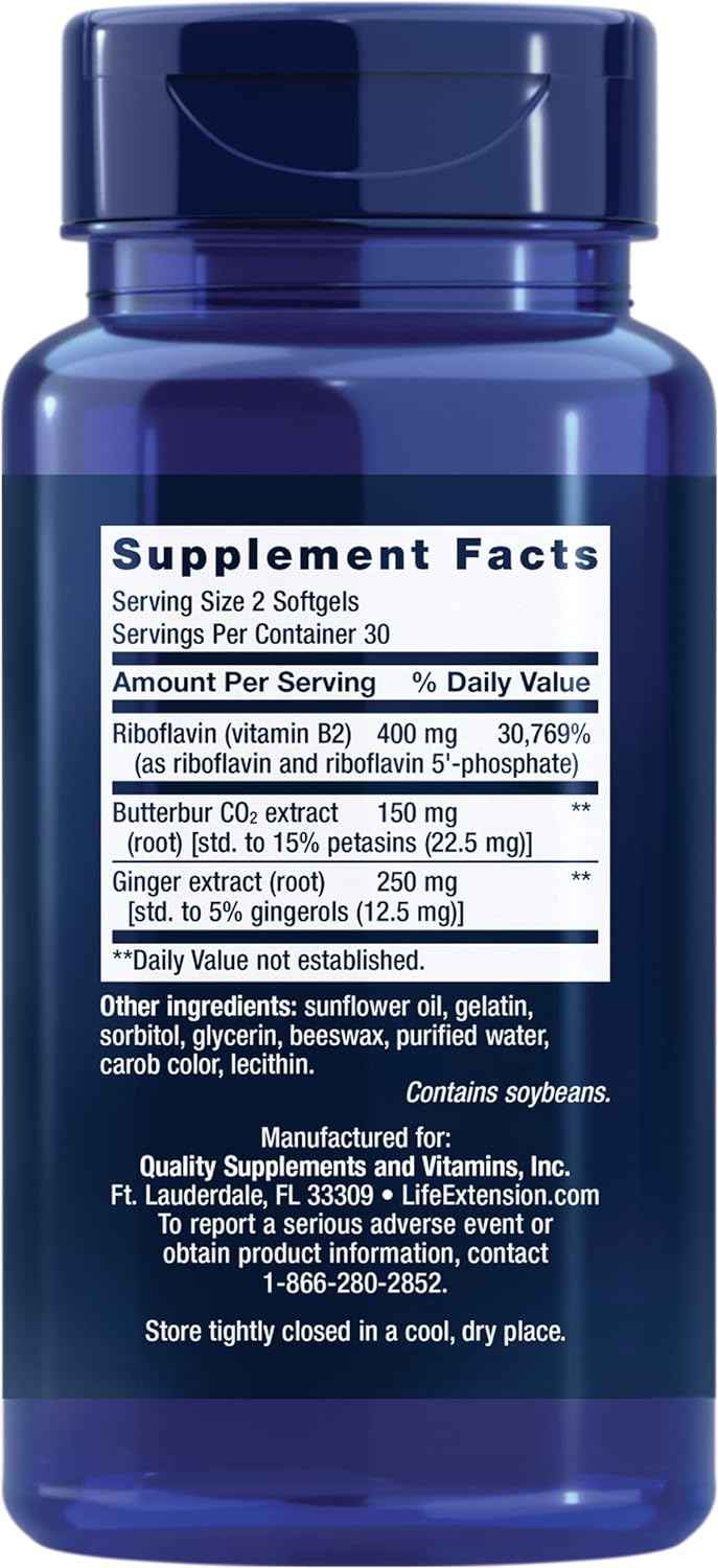 Butterbur Root Extract with Vitamin B2 & Ginger Supplement for Head Discomfort - Gluten-Free Softgels for Migraine Relief - 60 Count