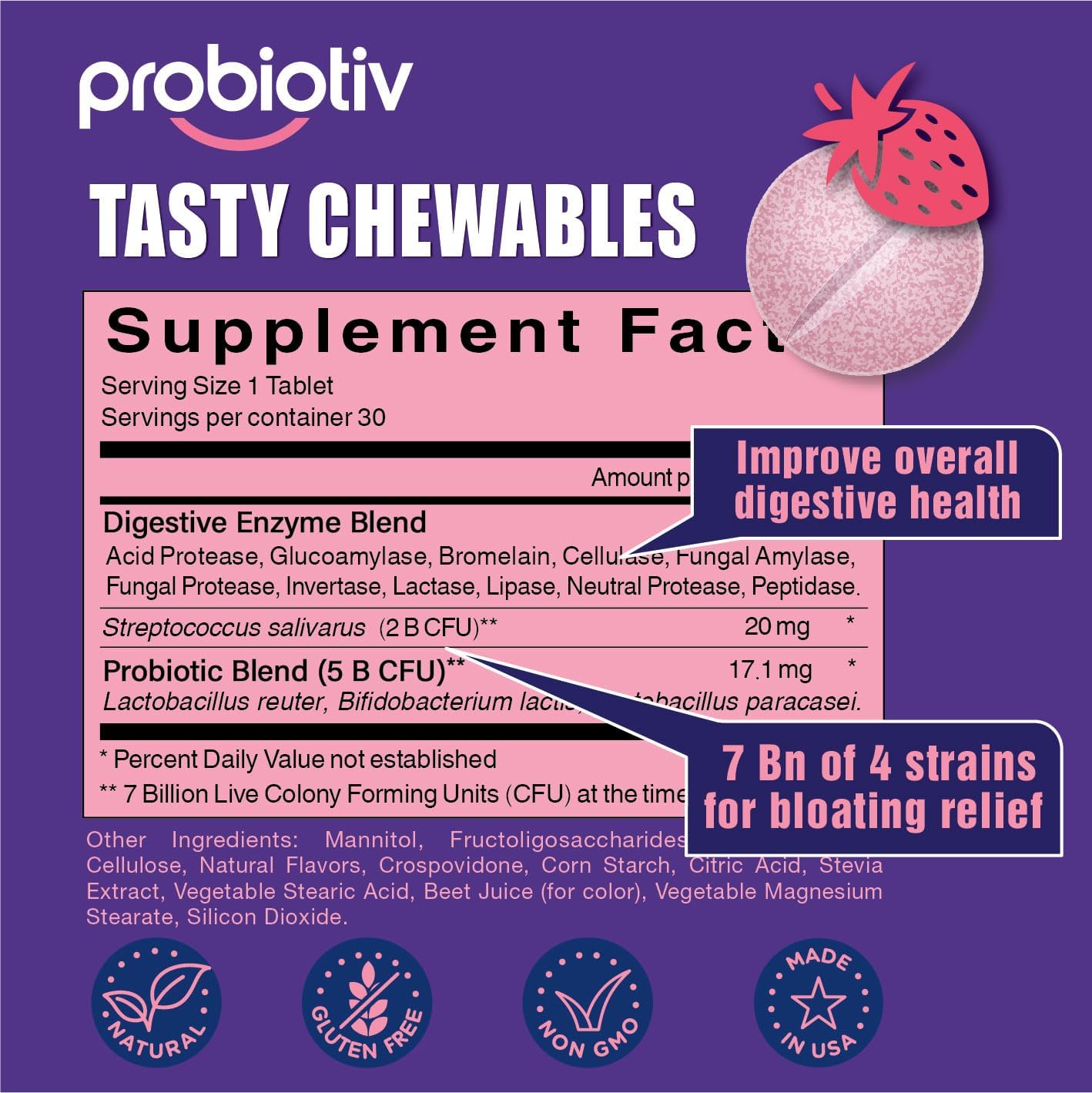 Chewable Probiotics for Gas & Bloating Relief - 7 Billion CFU Daily Digestive Enzymes for Men & Women - Supports Digestion & Gut Health - Espot.com.au