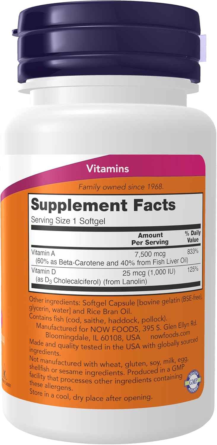 NOW Foods Vitamin A & D3 25,000/1,000 IU Softgels for Eye Health and Essential Nutrition - 100 Count