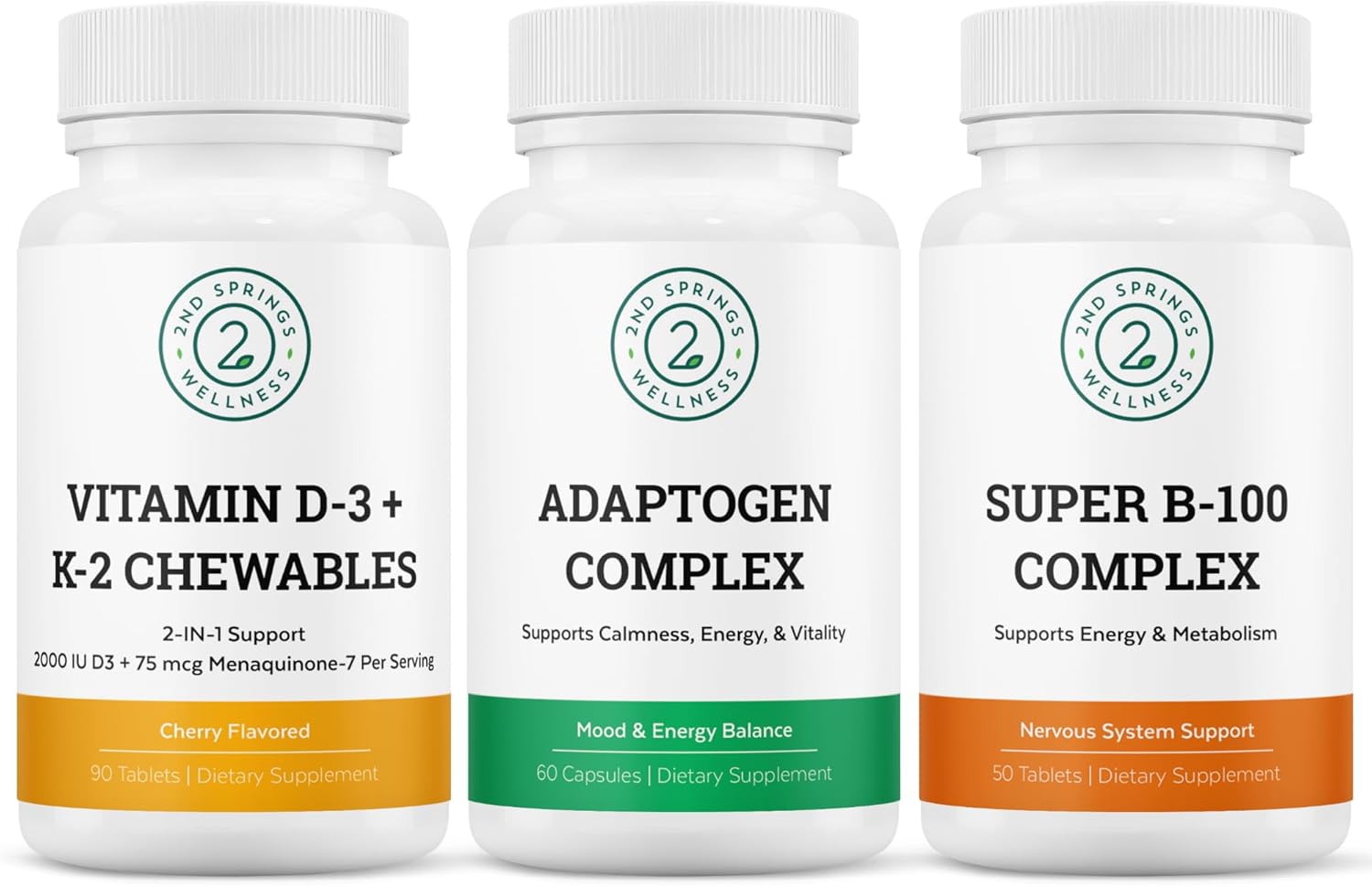 Bundle of 2nd Springs Adaptogen Complex, Vitamin D3+K2 Chewables, and Super B-100 Complex - Boost Your Health Today! - Espot.com.au
