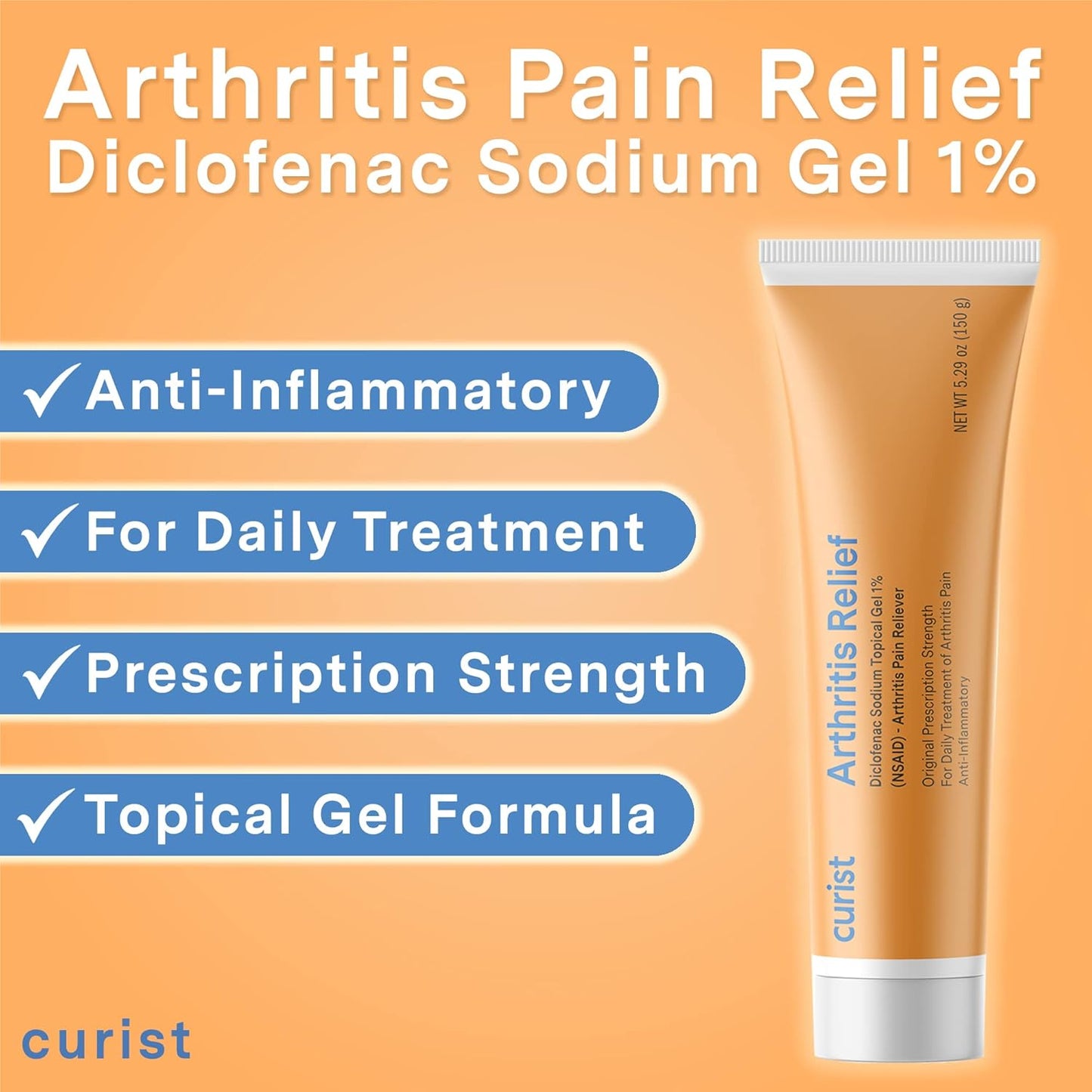 Curist Arthritis Pain Relief Gel 1% - 150g - Joint Pain Relief for Hand/Foot, Knee/Elbow, Ankle - Diclofenac Sodium Topical Gel - 5.29oz - Espot.com.au