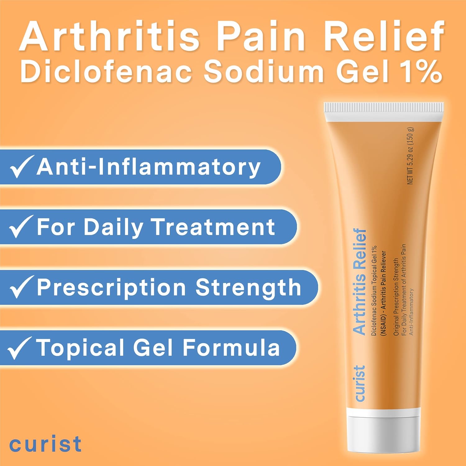 Curist Arthritis Pain Relief Gel 1% - 150g - Joint Pain Relief for Hand/Foot, Knee/Elbow, Ankle - Diclofenac Sodium Topical Gel - 5.29oz - Espot.com.au