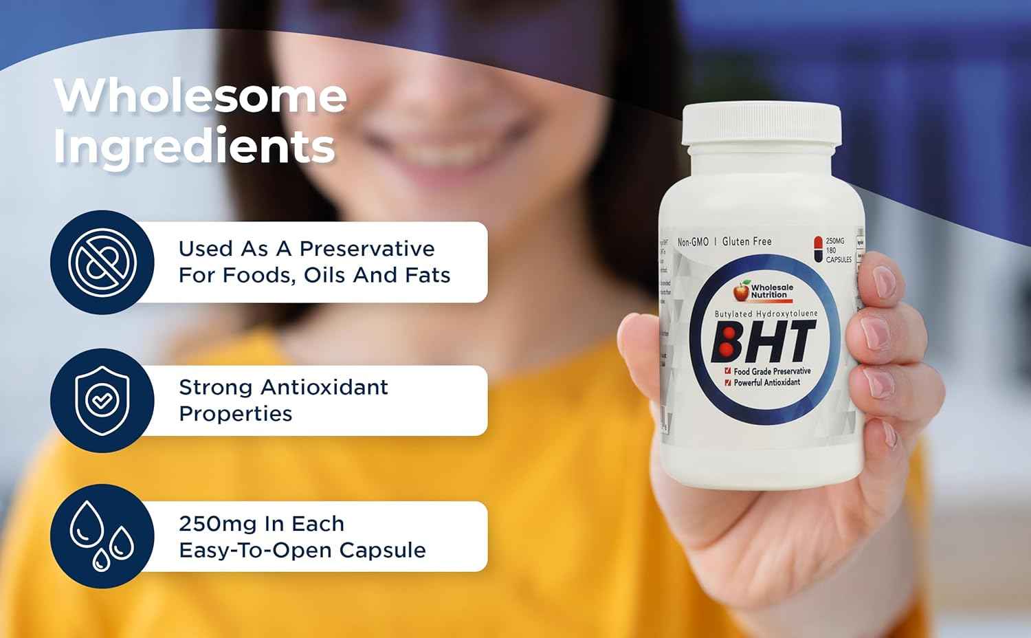 BHT 250mg Wholesale Nutrition - 180 Capsules, Antioxidant Support, Food Grade Preservative, Non-GMO, Gluten-Free - Made in USA