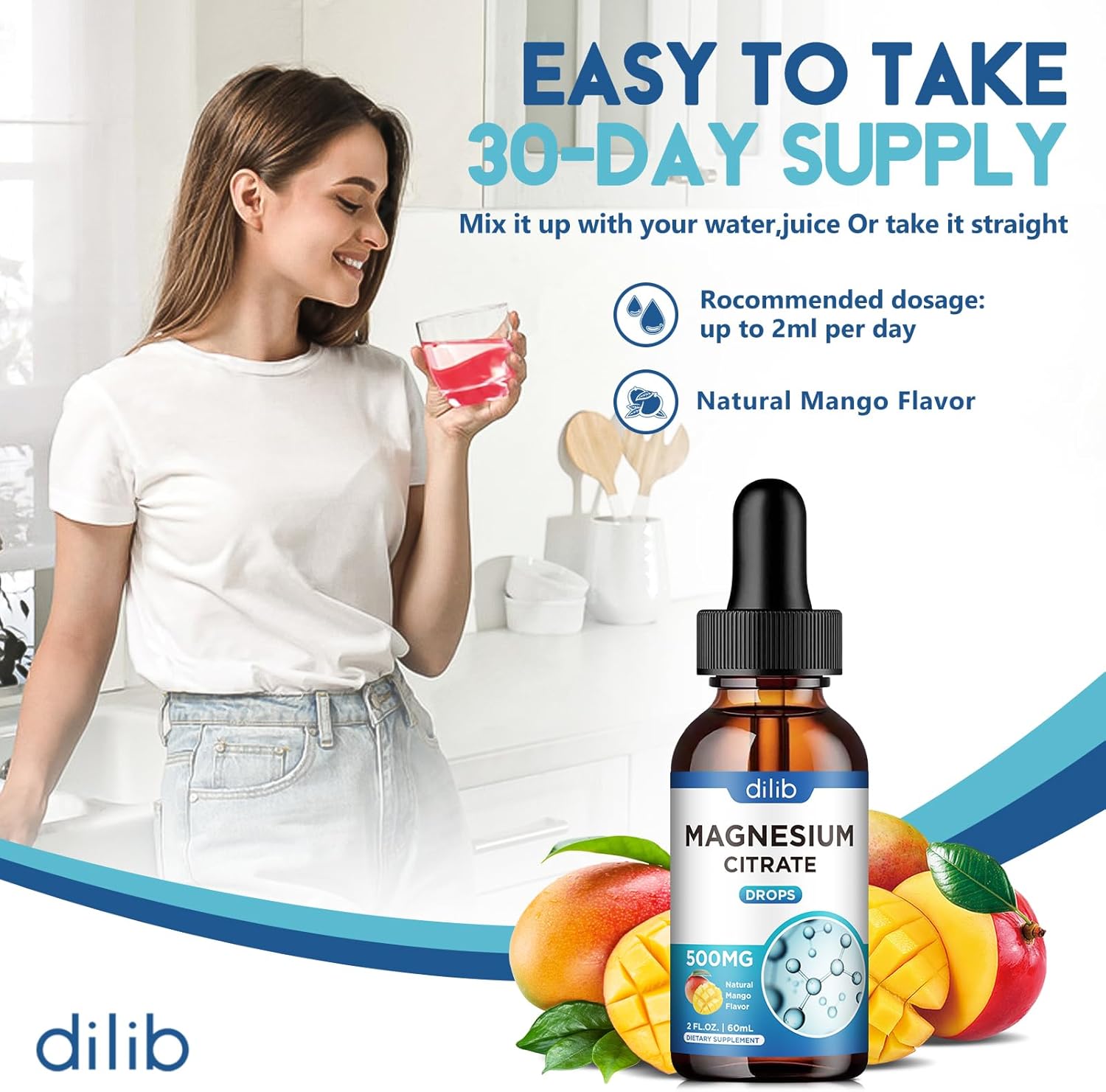 500mg Magnesium Citrate Liquid Drops Supplement for Stress Relief, Bone & Muscle Support, Sleep Aid - 2 Fl Oz Vegan Mango Flavor - Espot.com.au