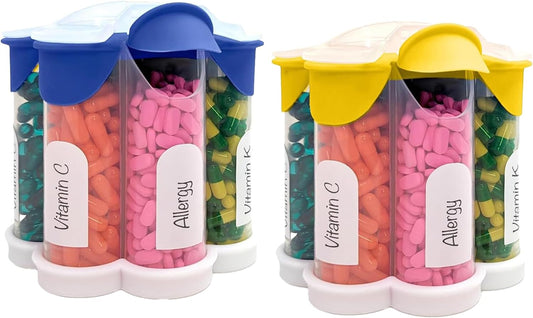extra-large-pill-organizer-with-7-compartments-in-dark-blue-and-yellow---daily-weekly-monthly-supplement-bottle---cute-blossom-pill-dispenser---2-pack-combo-1