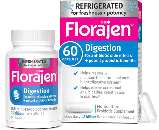 Refrigerated Florajen Digestion Probiotics - 60 Count Advanced Gas & Bloat Supplement with Lactobacillus for Gut Health - Adult Daily Probiotics for Constipation
