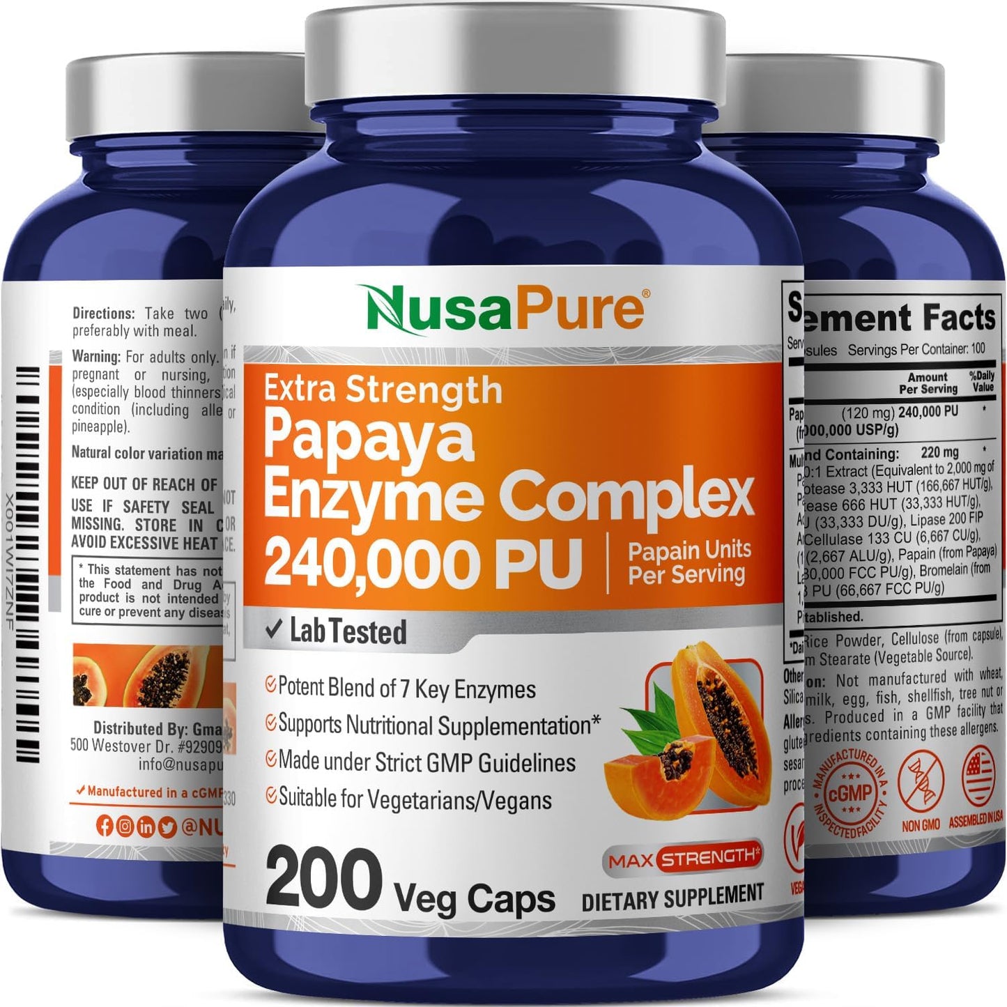 NusaPure Papaya Papain Enzyme Complex 240,000 PU - 200 Veggie Capsules - 100% Vegetarian, Non-GMO Supplement - Espot.com.au