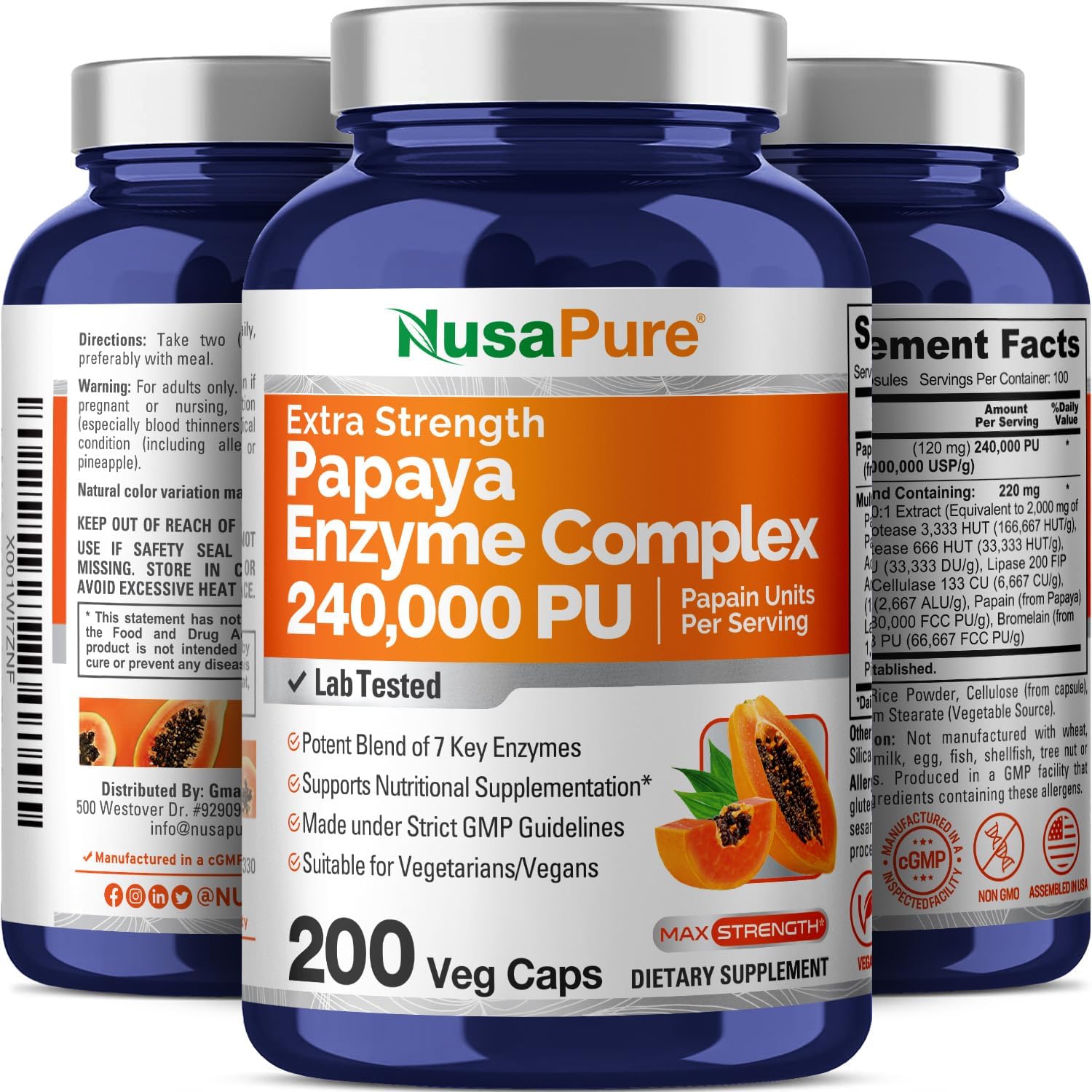 NusaPure Papaya Papain Enzyme Complex 240,000 PU - 200 Veggie Capsules - 100% Vegetarian, Non-GMO Supplement - Espot.com.au