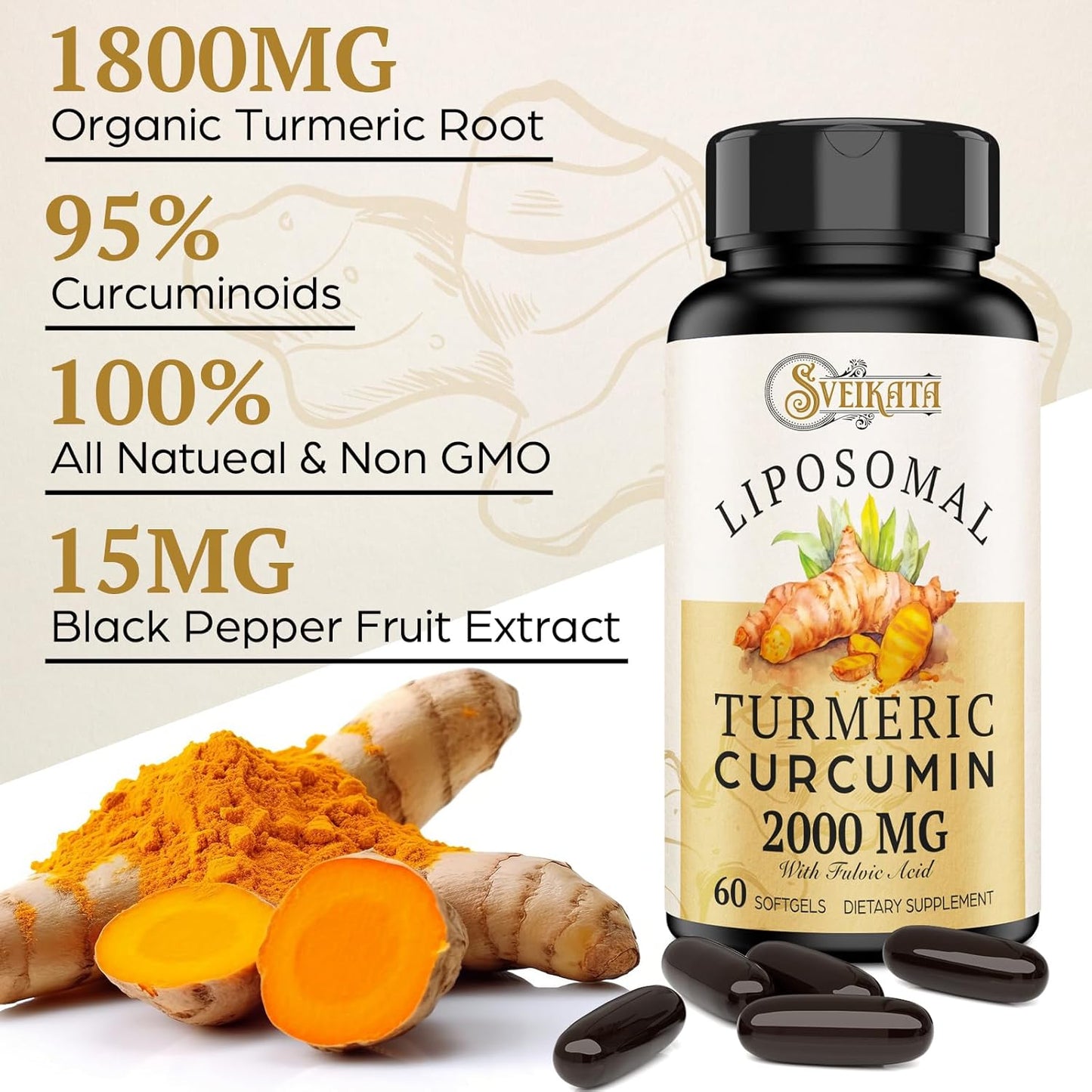 Turmeric Curcumin Supplement with Liposomal Technology - 2000mg, 95% Curcuminoids with Piperine - 60 Softgels - Non-GMO - Pack of 2 - Espot.com.au