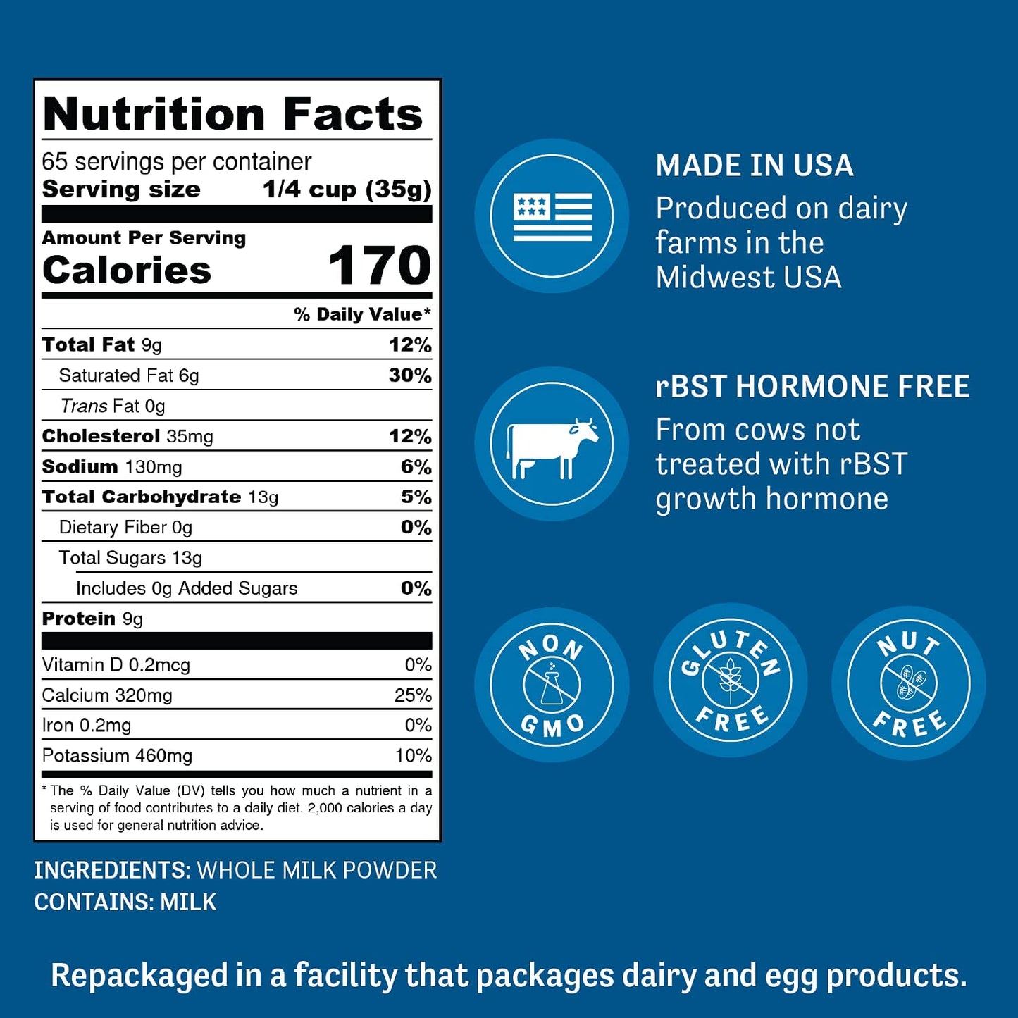 Bulk Whole Milk Powder 45lb (5lb Pack of 9) - Non-GMO, rBST Hormone-Free, Gluten-Free & Nut-Free - Made in USA - Ideal for Baking, Travel, and Pantry Storage - Espot.com.au