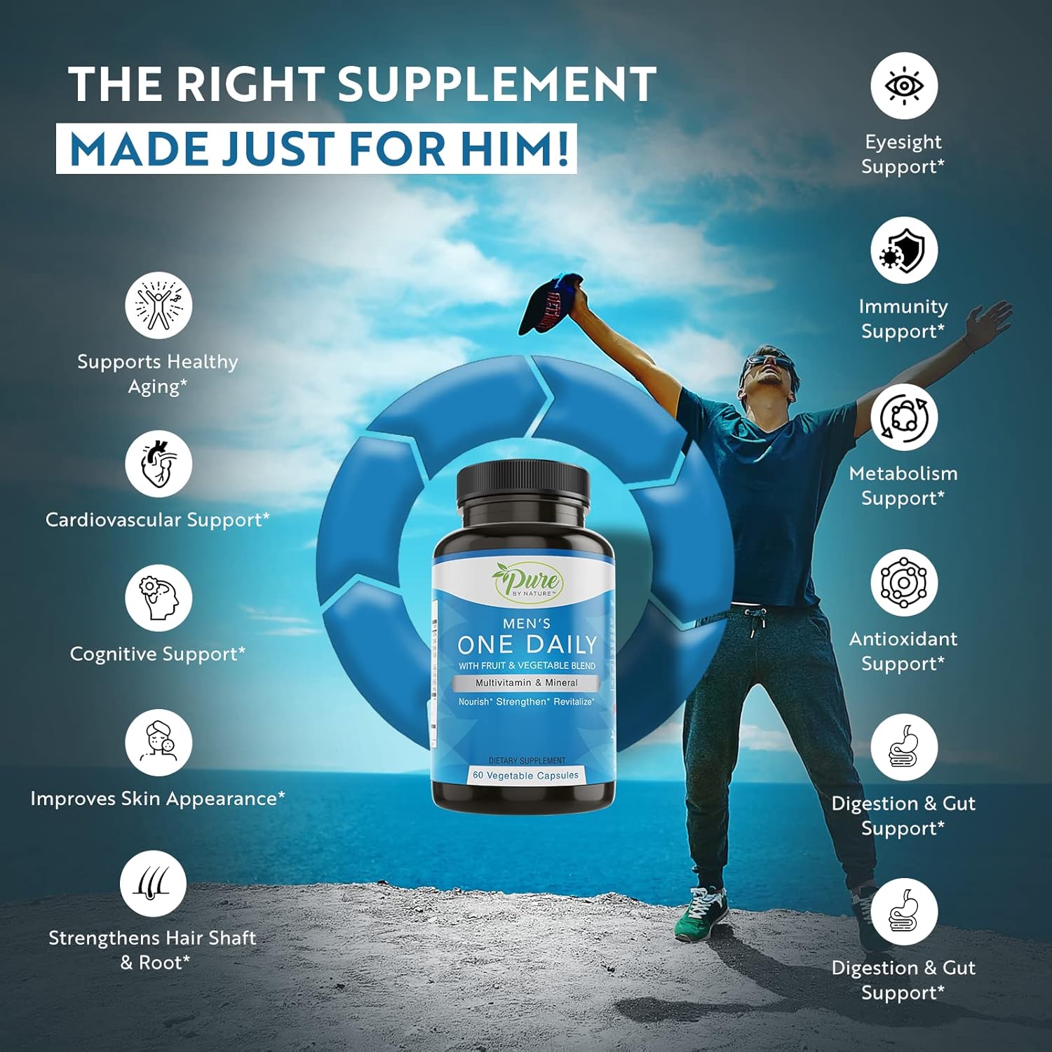 Men's One-Daily Multivitamin for Immune Support - Non-GMO Ingredients, Energy Boosting Vitamins & Minerals - 60 Veggie Capsules - Espot.com.au