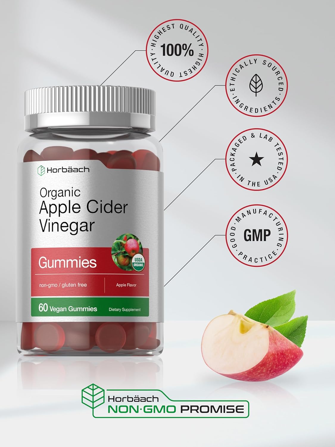 Organic Apple Cider Vinegar Gummies - 60 Count | Vegan & Gluten-Free | USDA Certified | Apple Flavor | Non-GMO - Espot.com.au