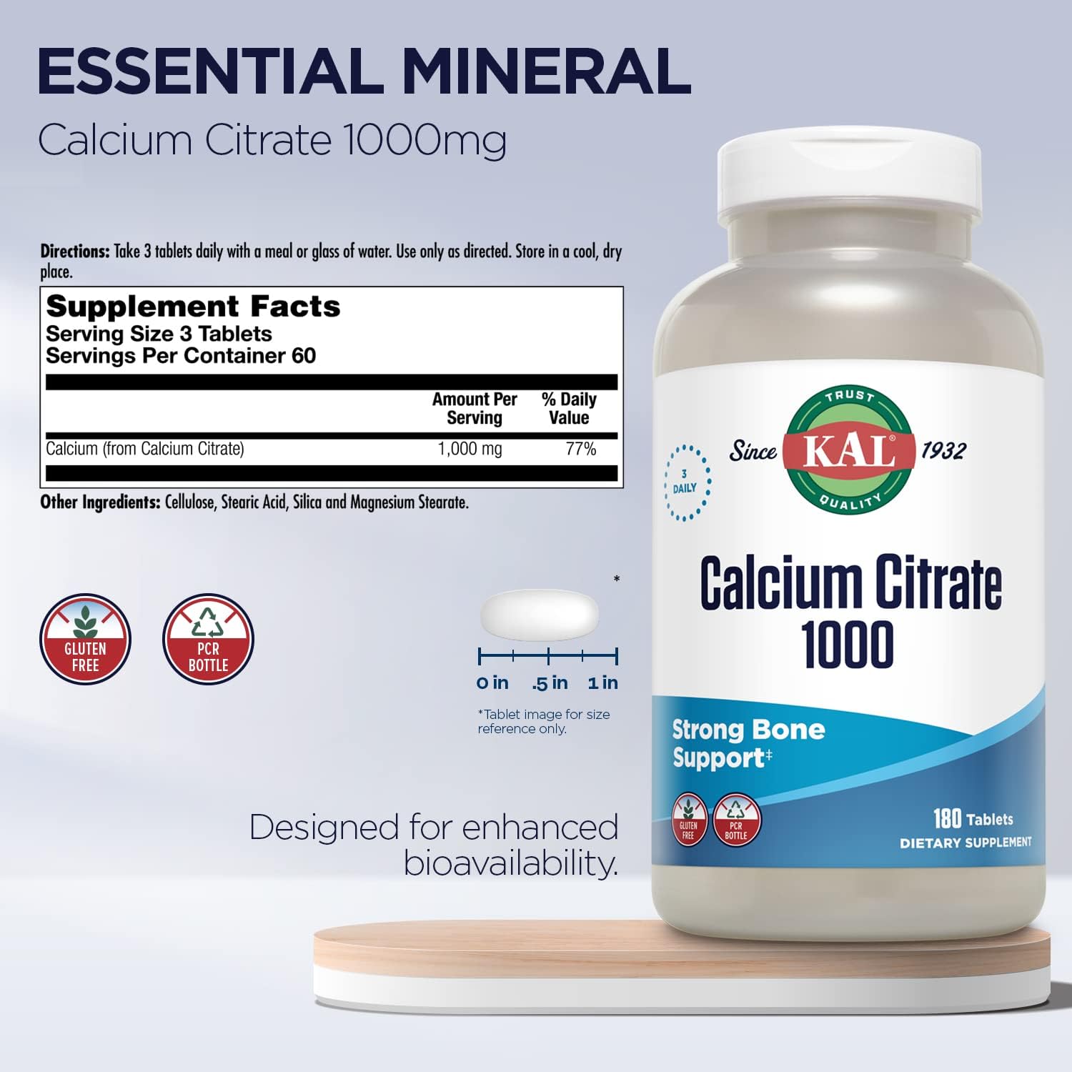 Calcium Citrate 1000mg Supplement for Bone & Heart Health, 180 Tablets - Gluten Free, Lab Verified - Women & Men's Calcium Tablets, Supports Nervous & Muscular System - Espot.com.au