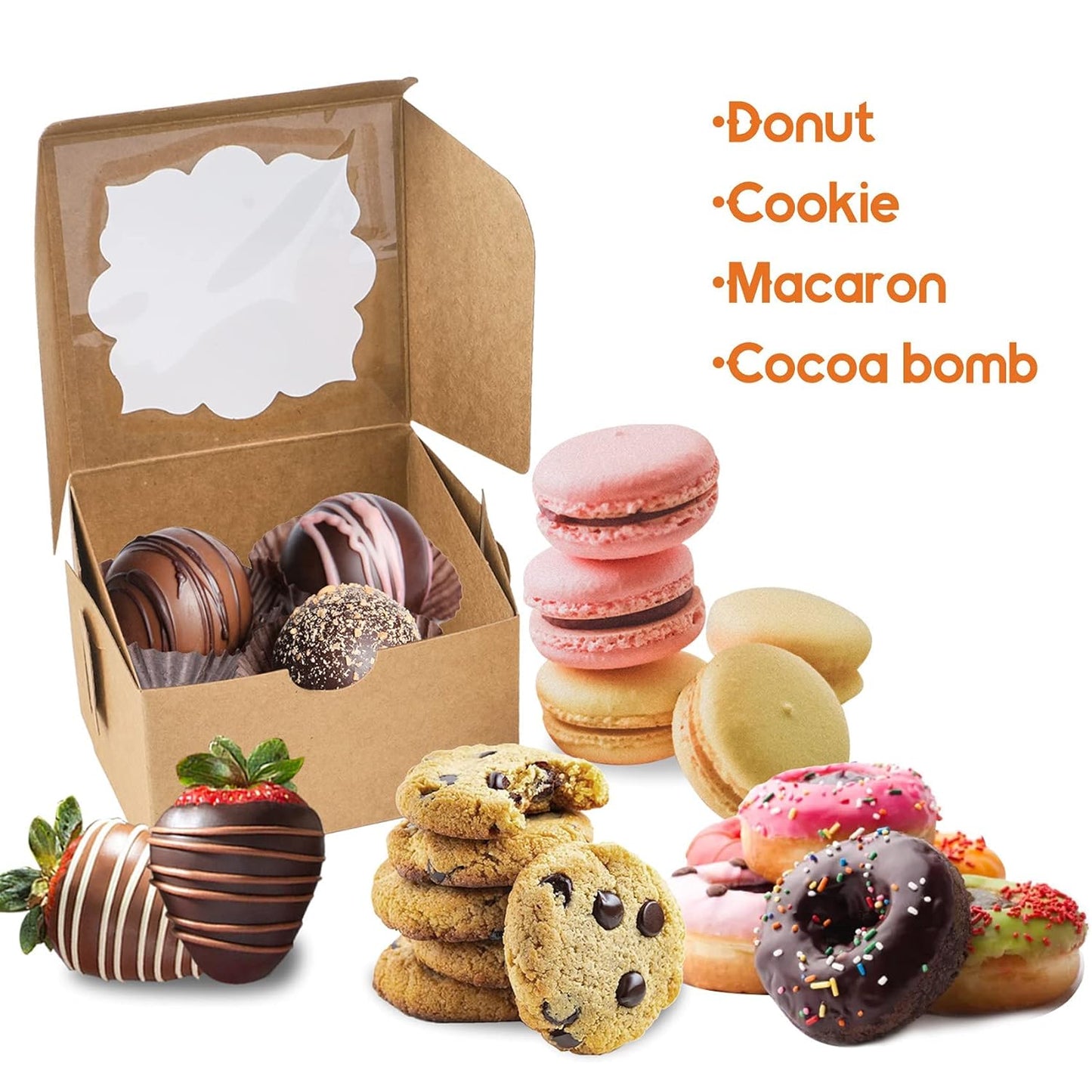 yunko-50-pack-4x4x25-inches-brown-bakery-boxes-with-window-for-cookies-chocolates-strawberries-muffins-donuts-small-cakes-4