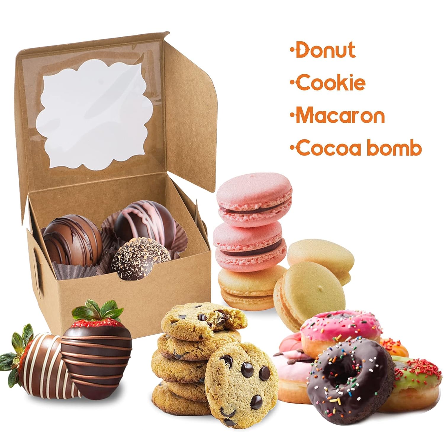 yunko-50-pack-4x4x25-inches-brown-bakery-boxes-with-window-for-cookies-chocolates-strawberries-muffins-donuts-small-cakes-4