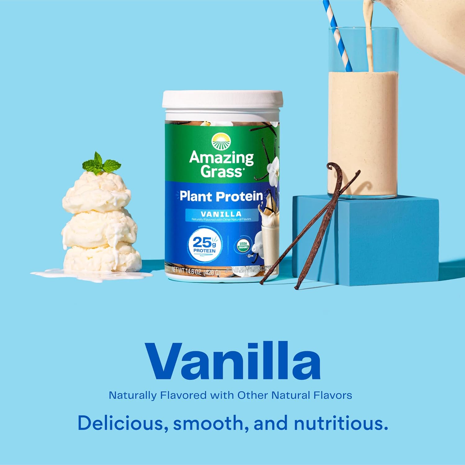 Organic Plant-Based Vegan Protein Powder with 25g Protein - Creamy Vanilla Flavor, Dairy, Gluten, Soy Free - 10 Servings - Espot.com.au