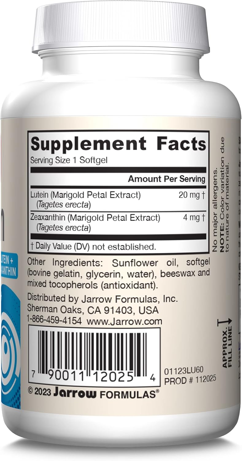 Jarrow Formulas Lutein 20mg with Zeaxanthin Softgels - Visual Function & Macular Health Support - 60 Day Supply - Espot.com.au