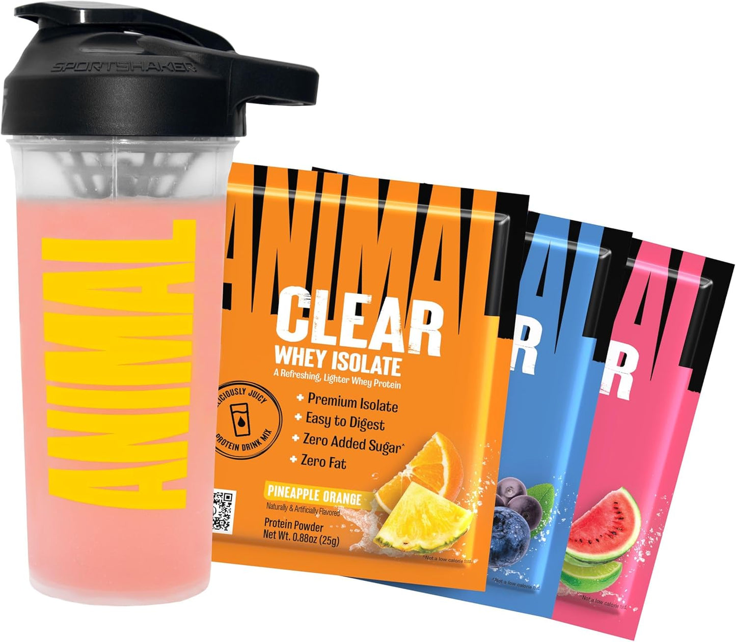 Sampler Pack of Animal Clear Whey Protein Isolate with Shaker Bottle - 20g Protein per Serving, Watermelon Limeade, Blueberry Acai, Pineapple Orange Flavors - 3 Single-Serving Packets - Espot.com.au