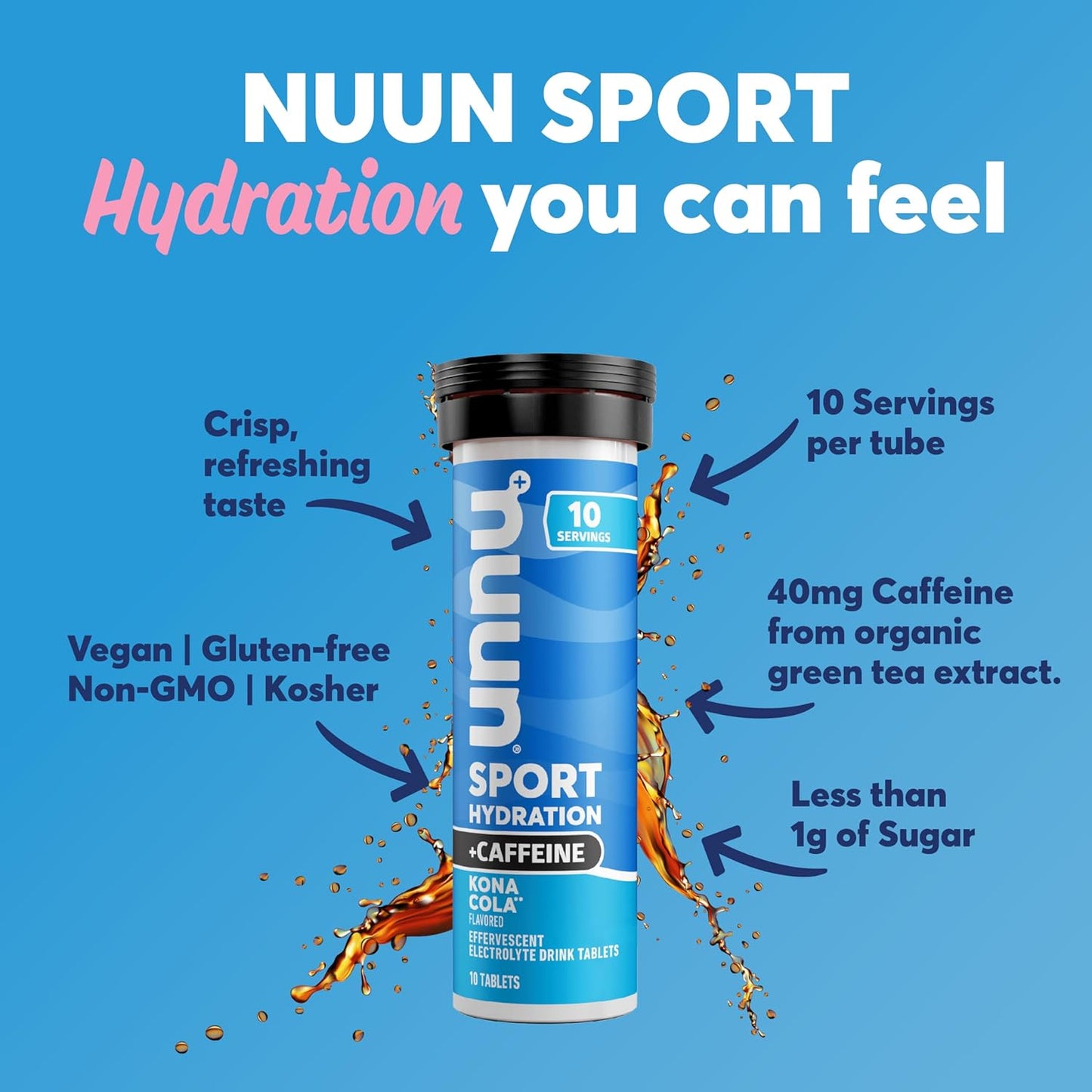 Nuun Sport + Caffeine Electrolyte Tablets - Kona Cola Flavor, 5 Essential Electrolytes, 1g Sugar, Vegan, Non-GMO - 8 Pack (80 Servings) - Espot.com.au