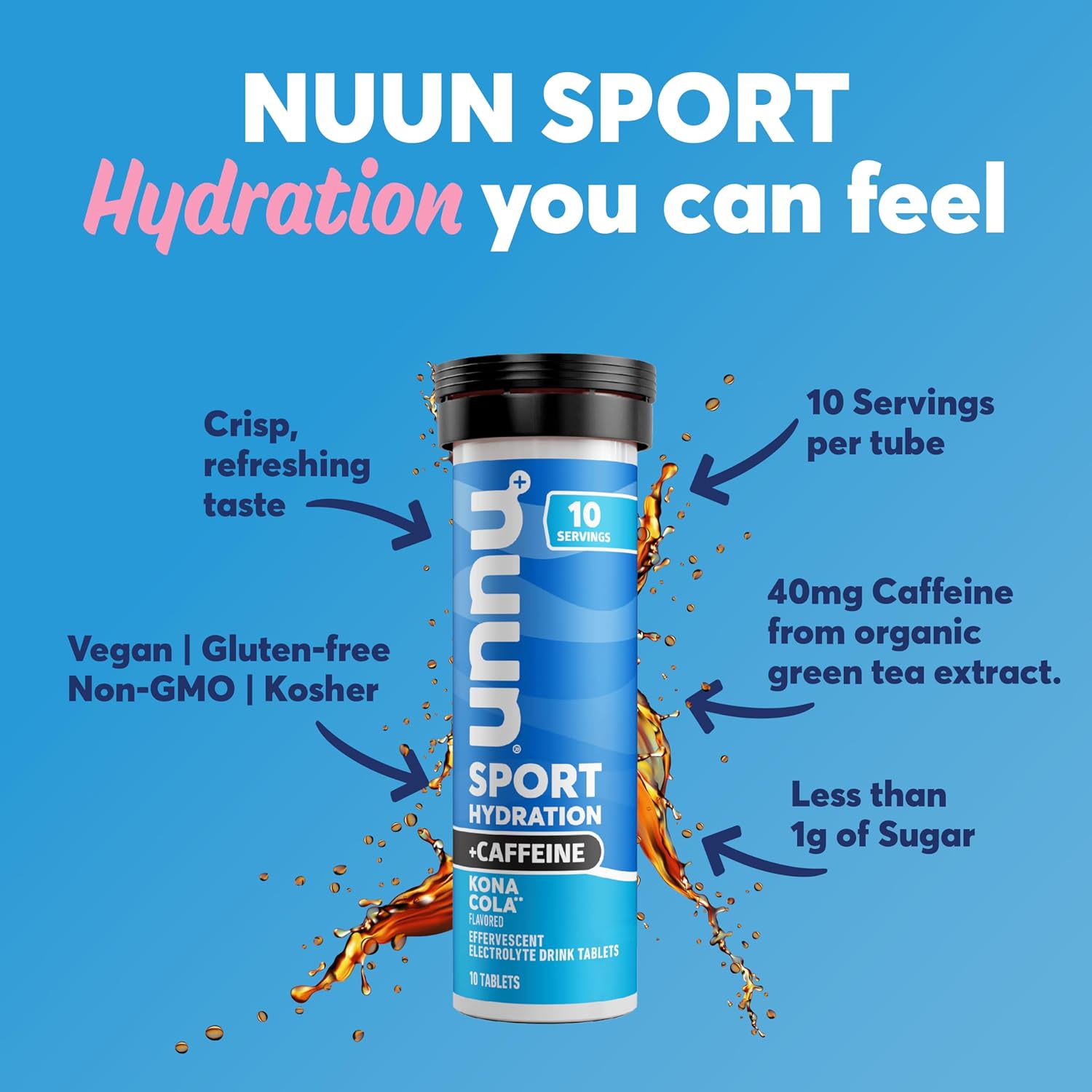 Nuun Sport + Caffeine Electrolyte Tablets - Kona Cola Flavor, 5 Essential Electrolytes, 1g Sugar, Vegan, Non-GMO - 8 Pack (80 Servings) - Espot.com.au