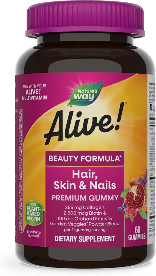 organic-alive-hair-skin-nails-gummies---beauty-formula-with-collagen-biotin-vitamins-c-e---strawberry-flavored---60-gummies-1