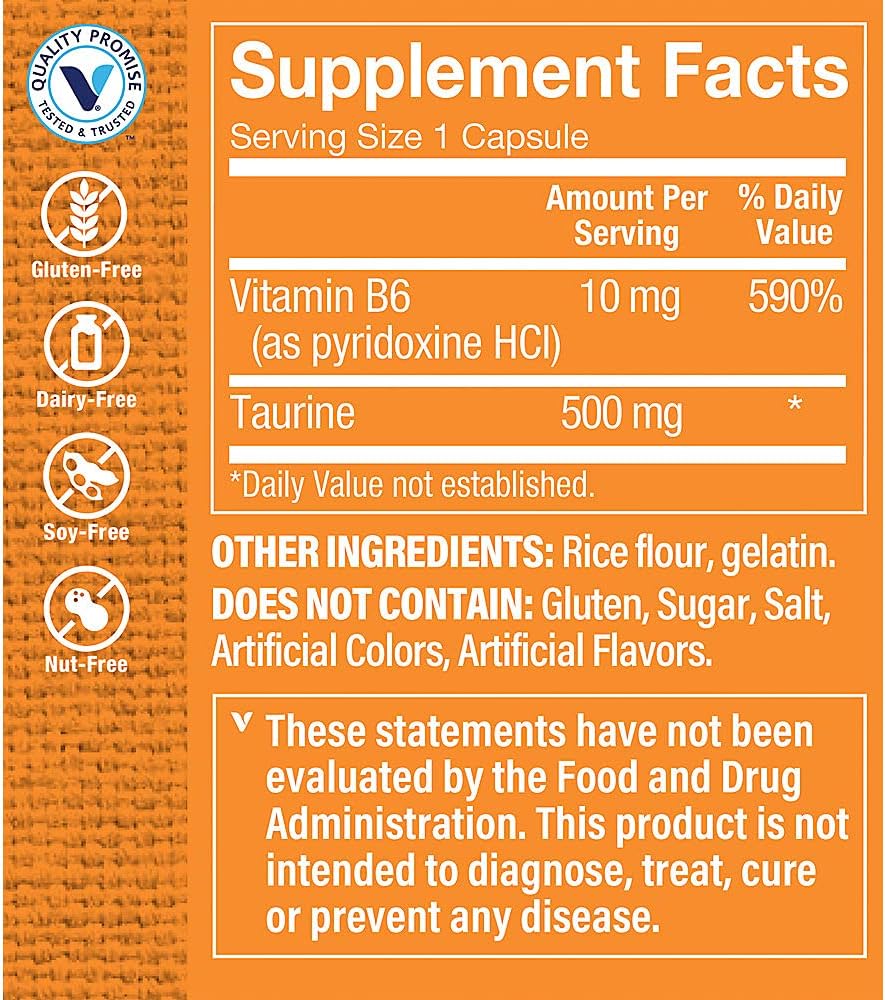 Vitamin Shoppe Taurine 500MG Capsules with Vitamin B6 - Antioxidant for Cellular & Cardiovascular Health, Brain & Memory Support - Espot.com.au