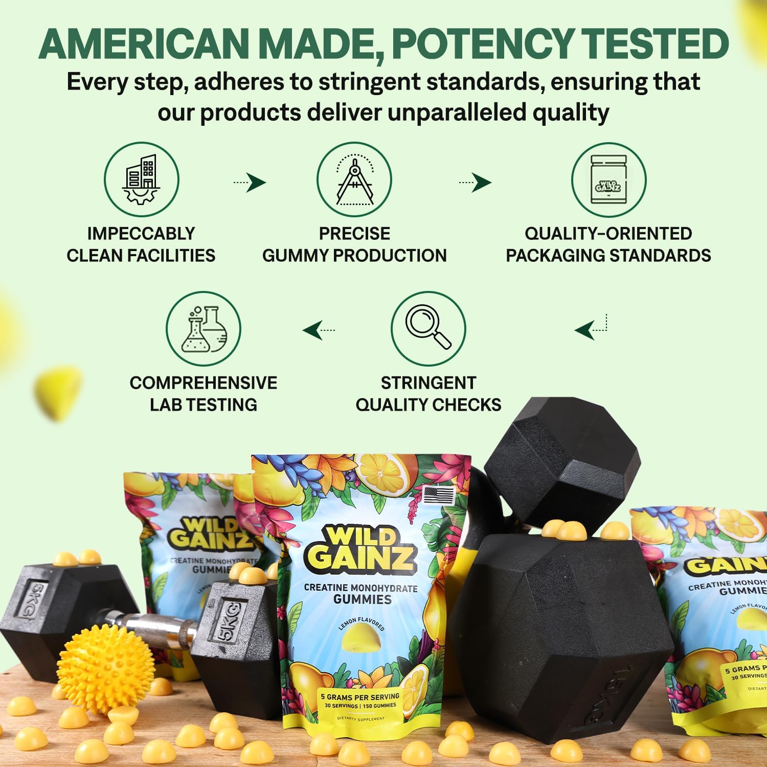 USA-Made WILD GAINZ Creatine Monohydrate Gummies 5g - Vegan Muscle & Cognitive Support Chews - Gluten-Free, Non-GMO - 150 Count - Espot.com.au