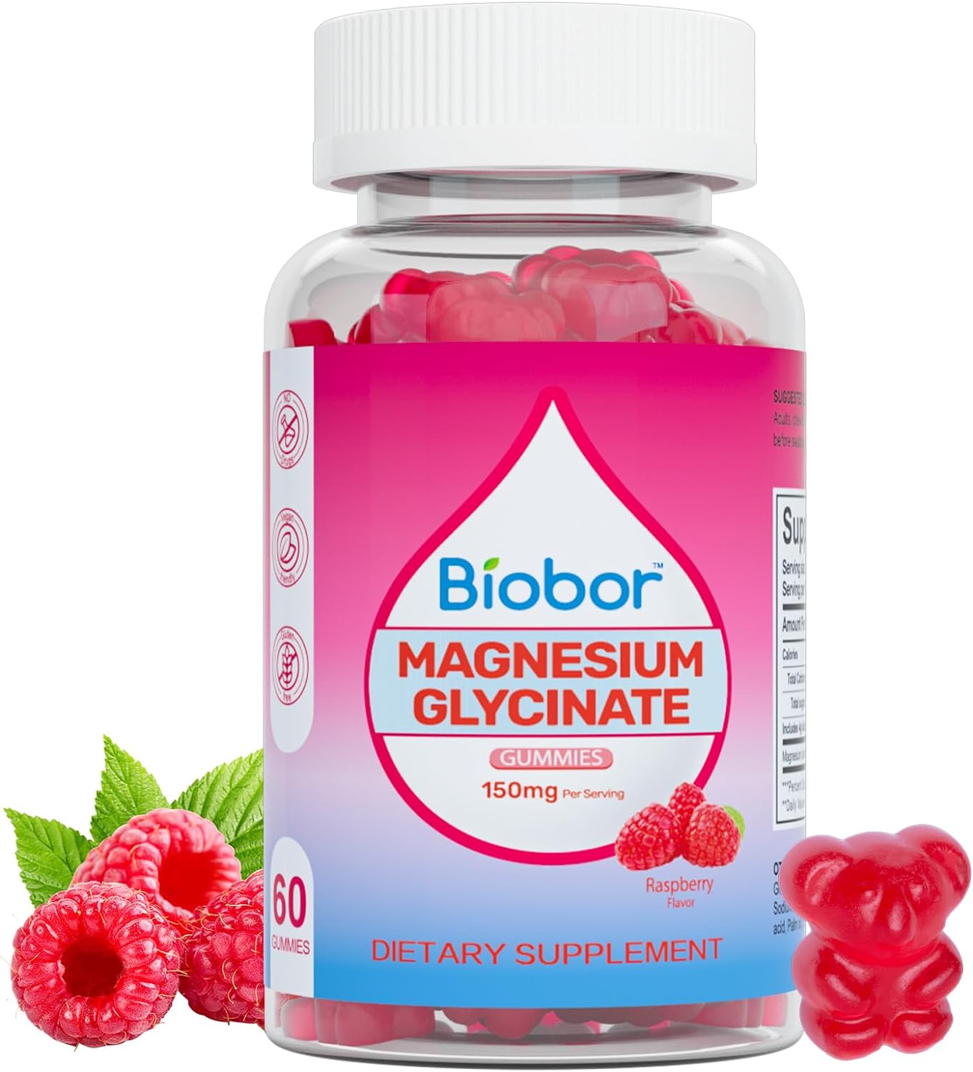 Raspberry Magnesium Gummy Supplement for Adults - Biobor Magnesium Glycinate Gummies for Relaxation, Stress Relief, Muscle, Bone, and Sleep Support (60 Count) - Espot.com.au