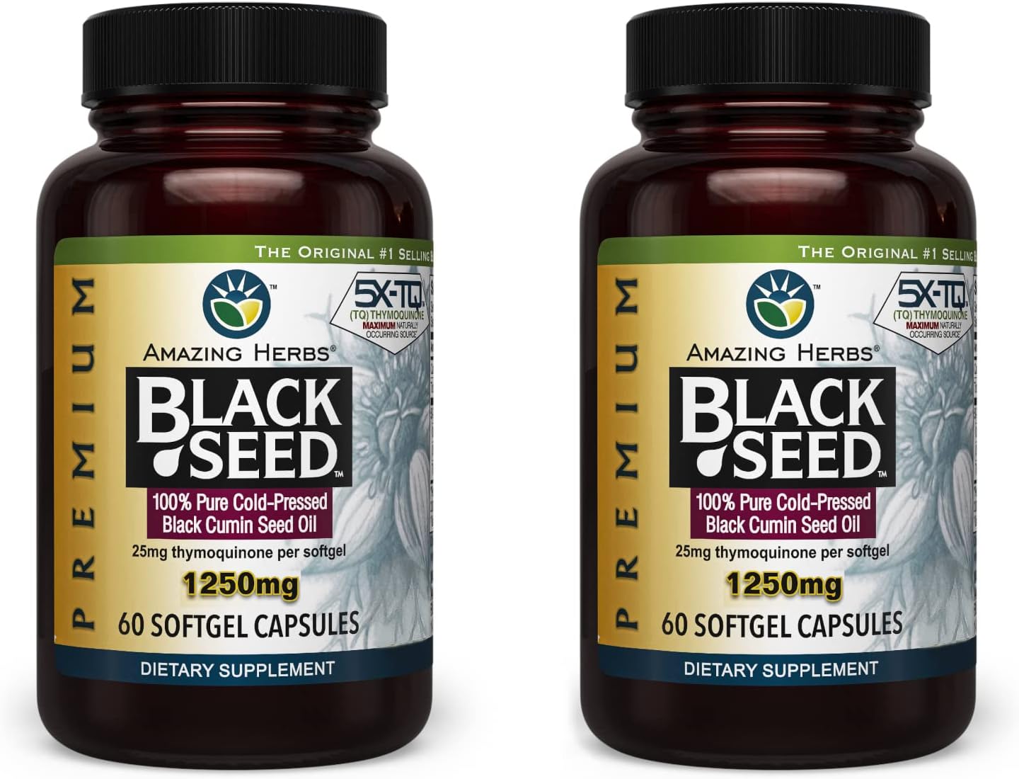 Premium Black Seed Oil Capsules - 60 Count, 1250mg - Cold Pressed Nigella Sativa for Digestive Health, Immune Support & Brain Function - Pack of 2 - Espot.com.au