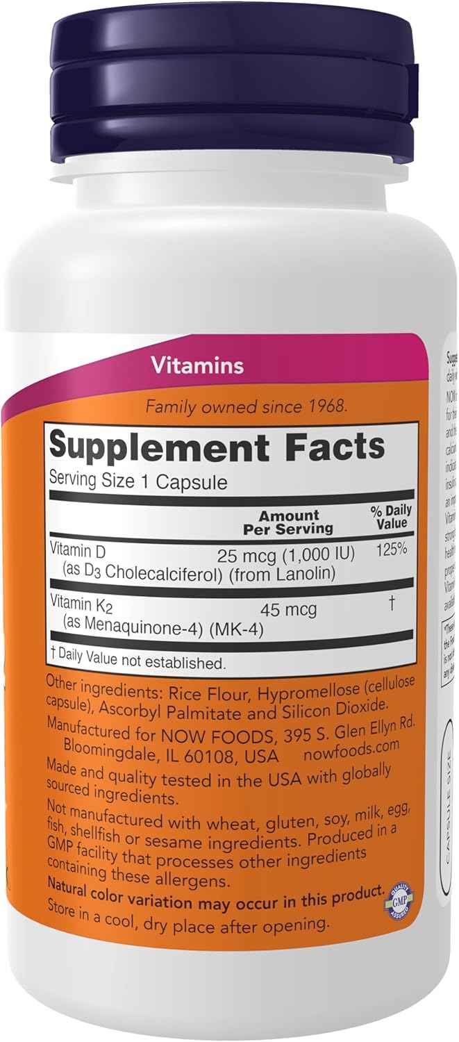NOW Foods Vitamin D-3 & K-2 Capsules - 1,000 IU/45 mcg for Bone Health & Cardiovascular Support - 120 Veg Caps