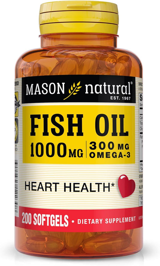 Omega 3 Fish Oil Softgels 1000mg, 200-Count Bottle, Mason Natural Dietary Supplement for Heart, Eye, Brain, and Joint Health - Espot.com.au