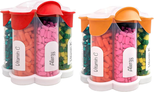 large-pill-organizer-with-cute-blossom-design---daily-weekly-monthly-supplement-bottle-with-7-xl-compartments---2-pack-combo-in-orange-and-red-1