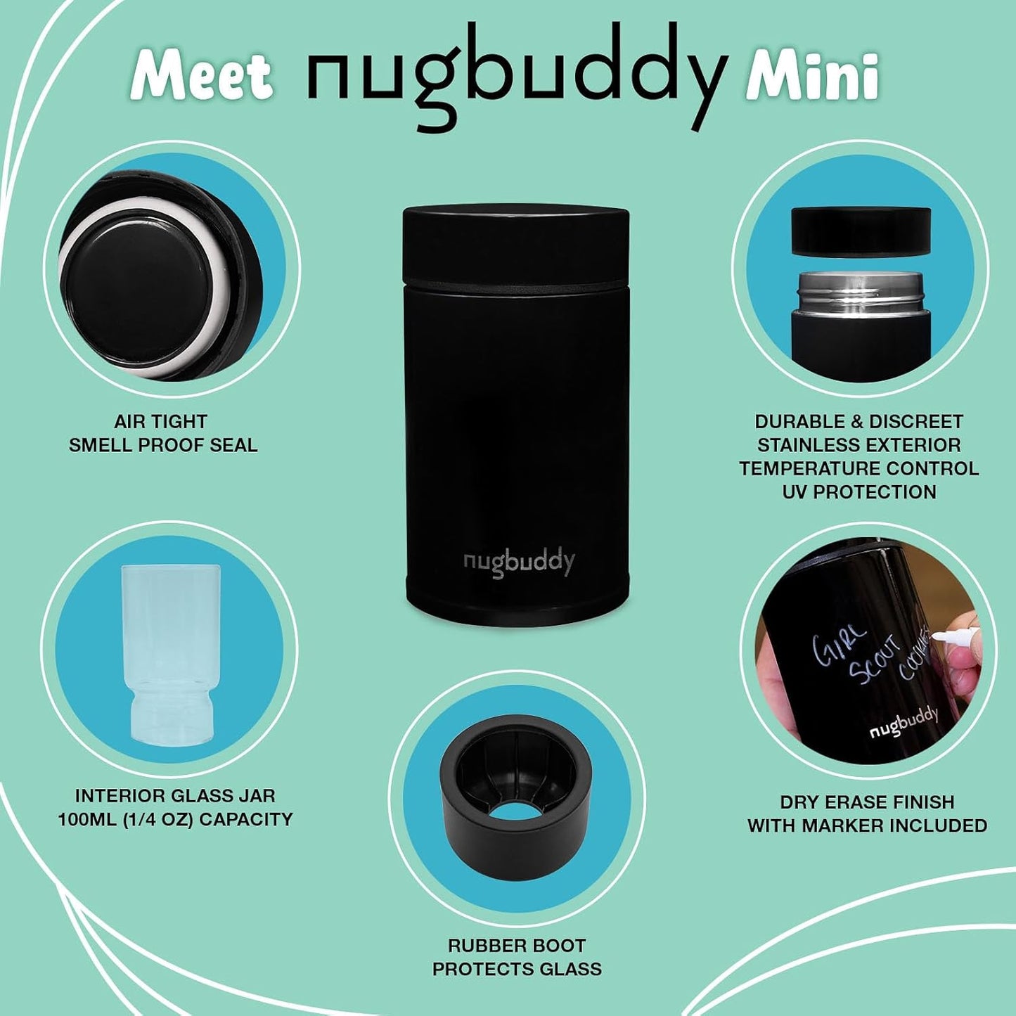 nugbuddy Mini Vacuum Sealed Storage Container with Nested Glass Jar - UV Protection, Temperature Control - Whiteboard Finish with Marker - 100 ml (1/4 Oz) - Espot.com.au