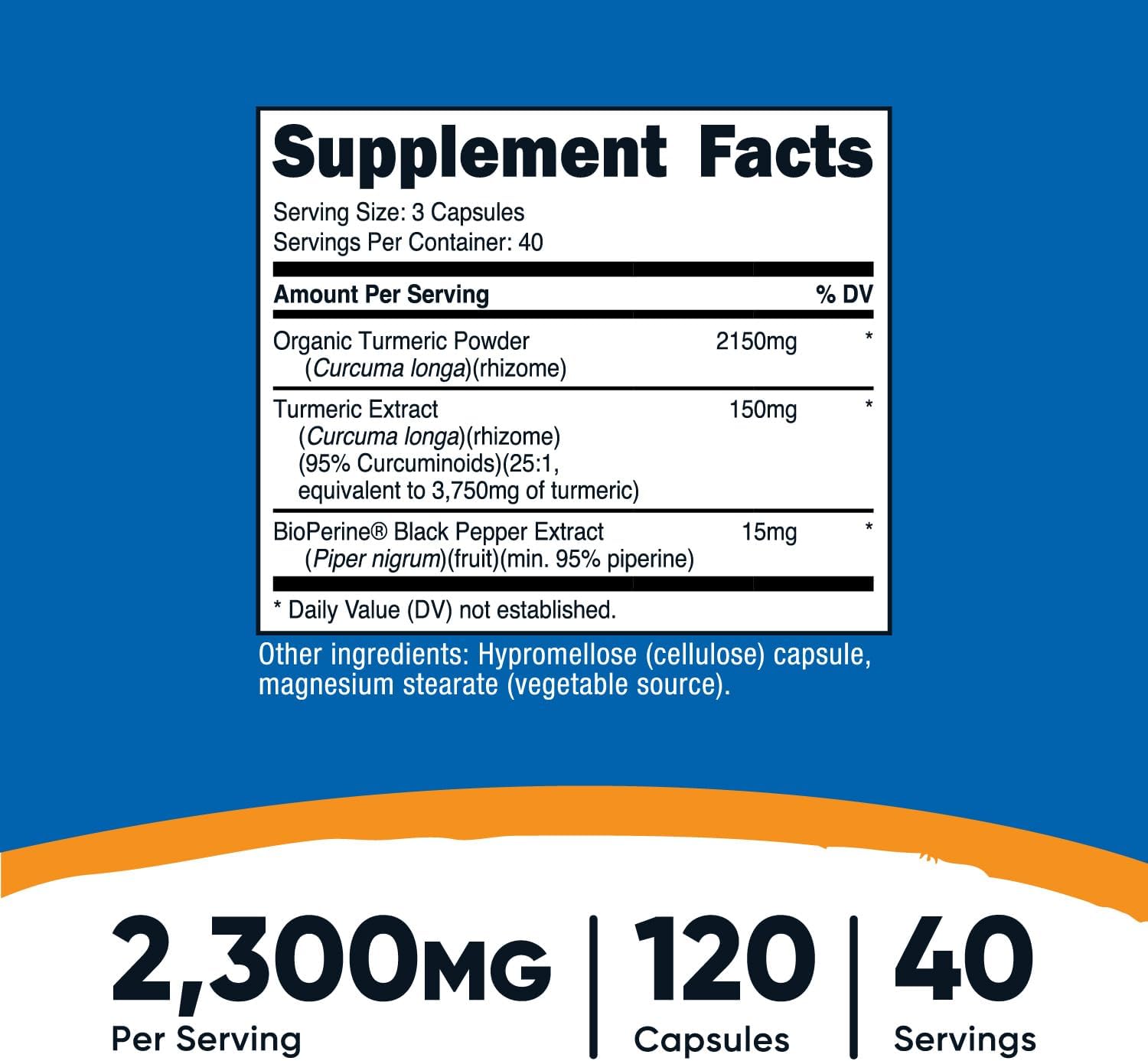 2300mg Turmeric Curcumin with BioPerine, 95% Curcuminoids, 120 Veggie Capsules - Gluten Free, Non-GMO, 40 Servings - Espot.com.au