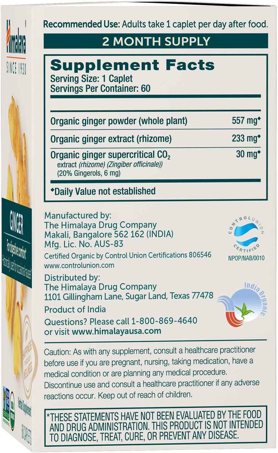 Organic Himalaya Ginger Supplement for Nausea, Gas, Upset Stomach - 60 Caplets, 2 Month Supply - Equivalent to 4,766 mg Ginger Powder - Natural Relief