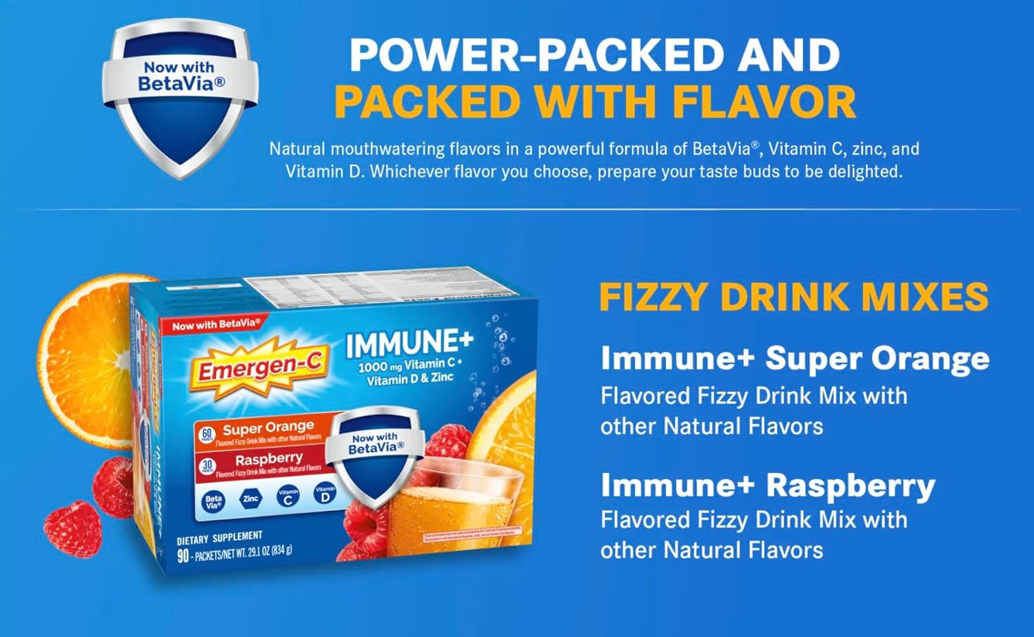 Emergen-C Immune+ 90 Packets Variety Pack, 1000mg Vitamin C with Vitamin D & Zinc, Super Orange (60 Ct) and Raspberry (30 Ct) - Espot.com.au