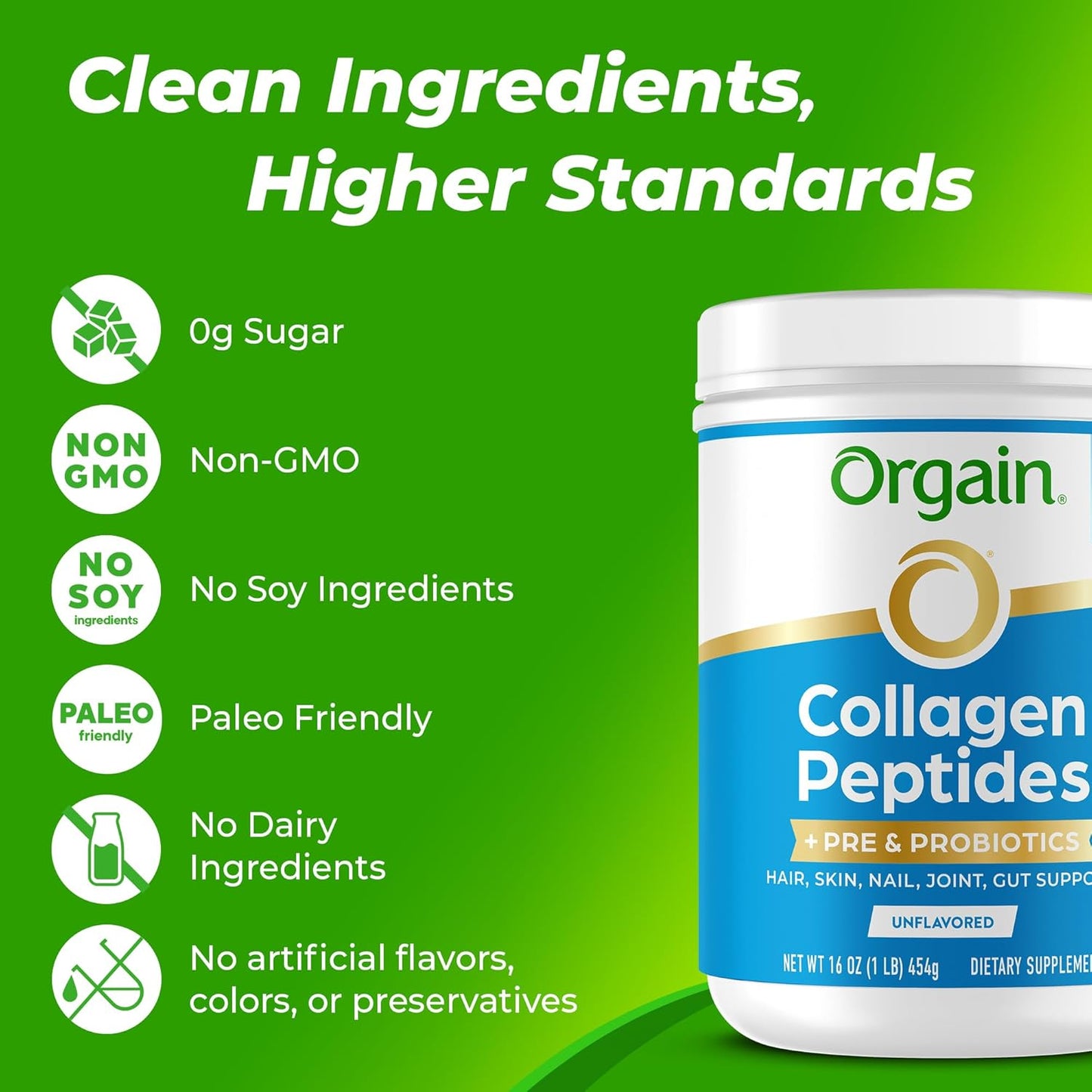 orgain-hydrolyzed-collagen-peptides-powder-with-prebiotic-probiotics---20g-grass-fed-collagen-1-billion-cfu---supports-digestive-hair-skin-joint-health---non-gmo---type-i-iii---1lb-5